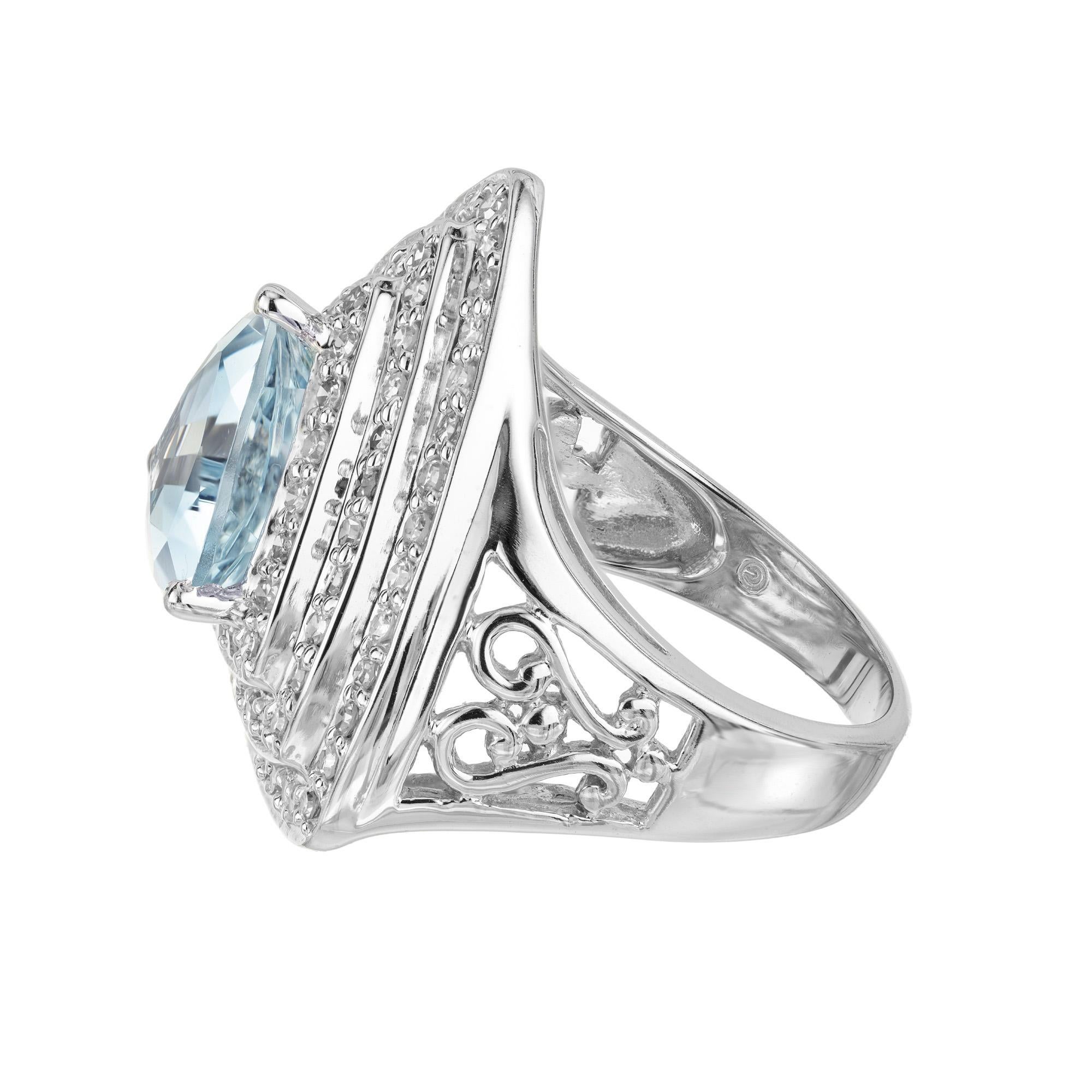 Round Cut 2.10 Carat Triangle Aquamarine Single Cut Diamond Halo White Gold Cocktail Ring For Sale