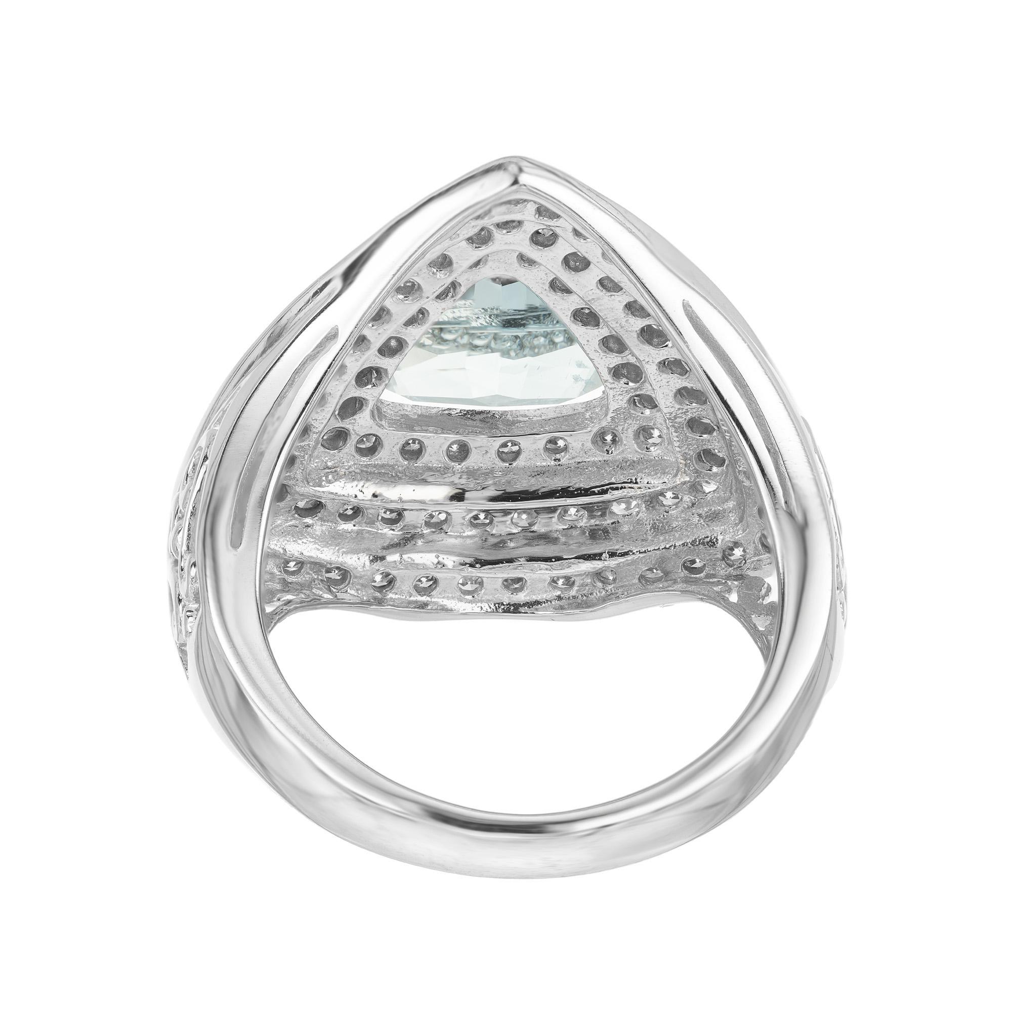 2.10 Carat Triangle Aquamarine Single Cut Diamond Halo White Gold Cocktail Ring In Good Condition For Sale In Stamford, CT