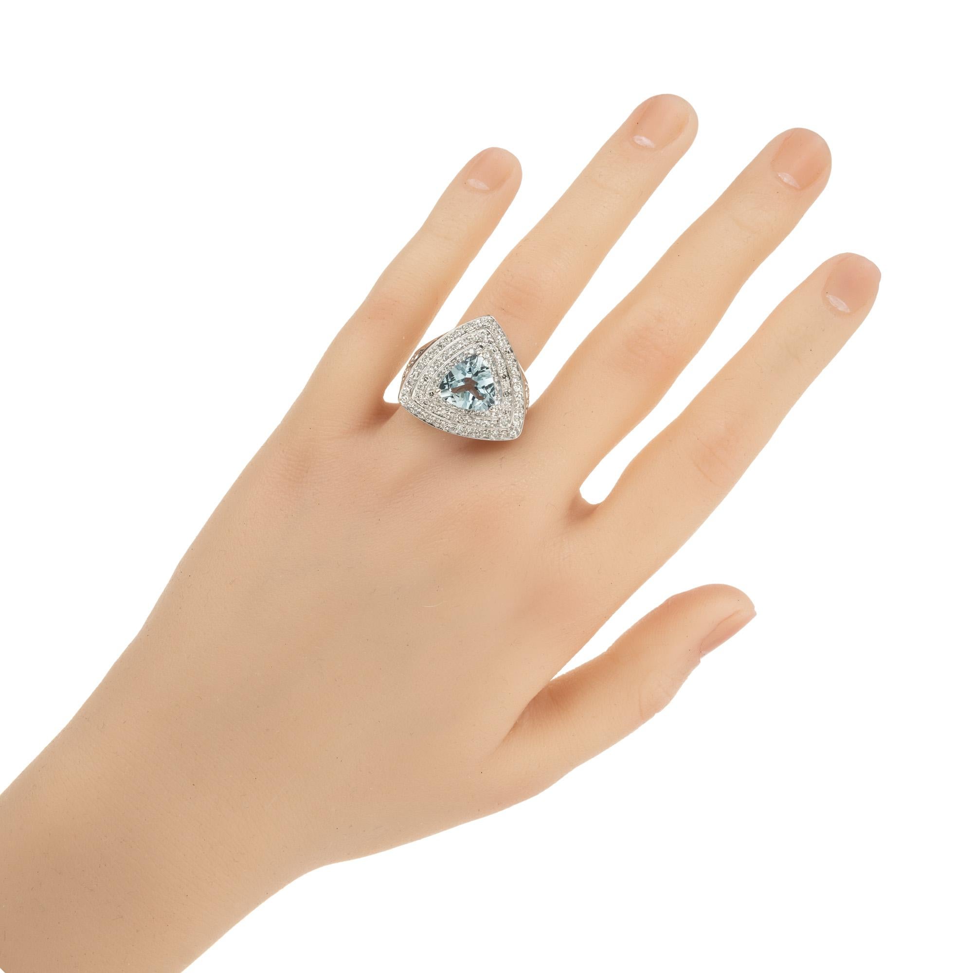 2.10 Carat Triangle Aquamarine Single Cut Diamond Halo White Gold Cocktail Ring For Sale 1