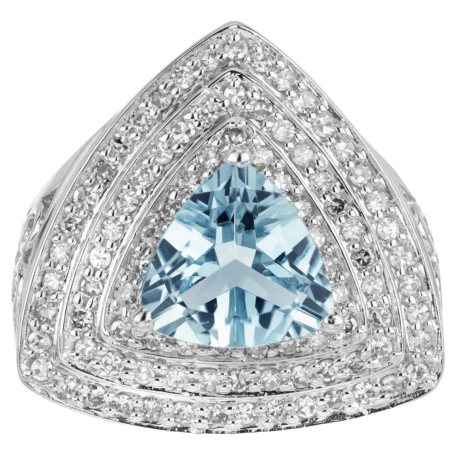 2.10 Carat Triangle Aquamarine Single Cut Diamond Halo White Gold Cocktail Ring For Sale