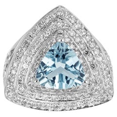 2.10 Carat Triangle Aquamarine Single Cut Diamond Halo White Gold Cocktail Ring