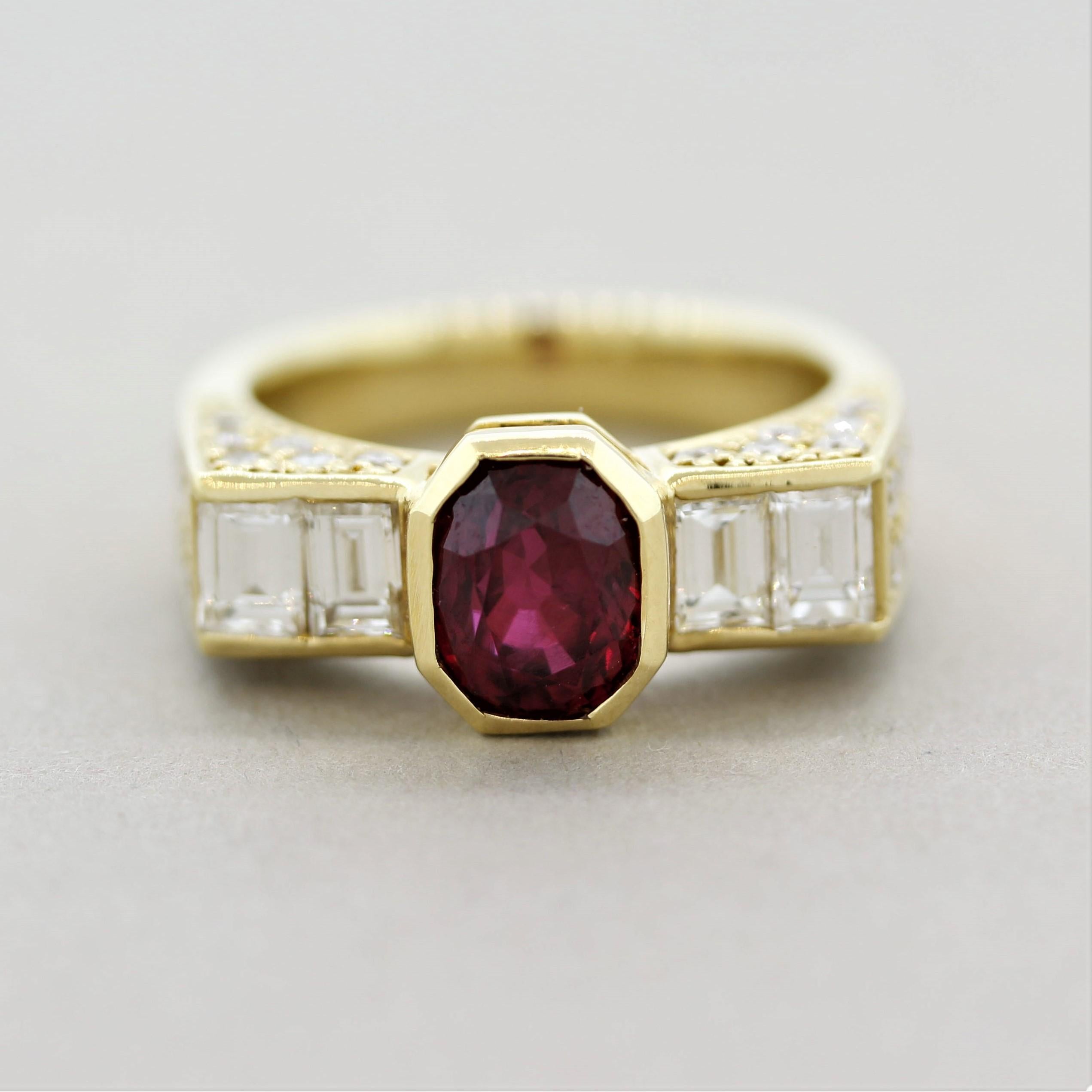 A superb gem quality 2.10 carat ruby takes center stage! The oval-shaped gem is unheated with no treatments and has a vivid red color with excellent brilliance. It is accented by 1.52 carats of round brilliant-cut diamonds as well as 4 larger