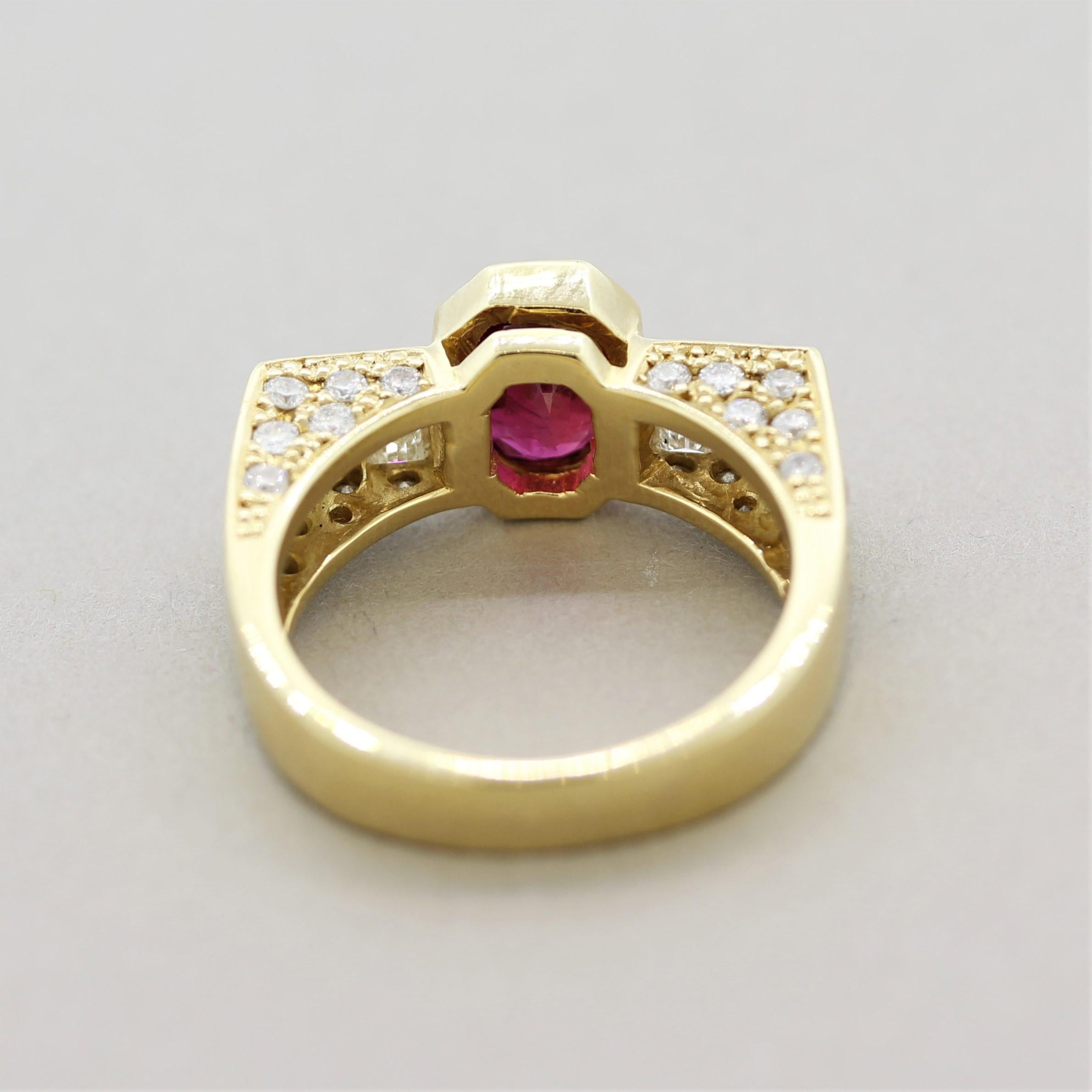 Mixed Cut 2.10 Carat Unheated Ruby Diamond Gold Ring, AIGS Certified For Sale