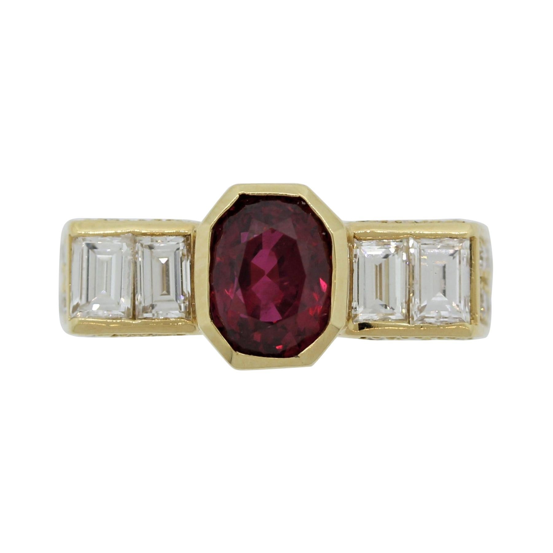 2.10 Carat Unheated Ruby Diamond Gold Ring, AIGS Certified For Sale