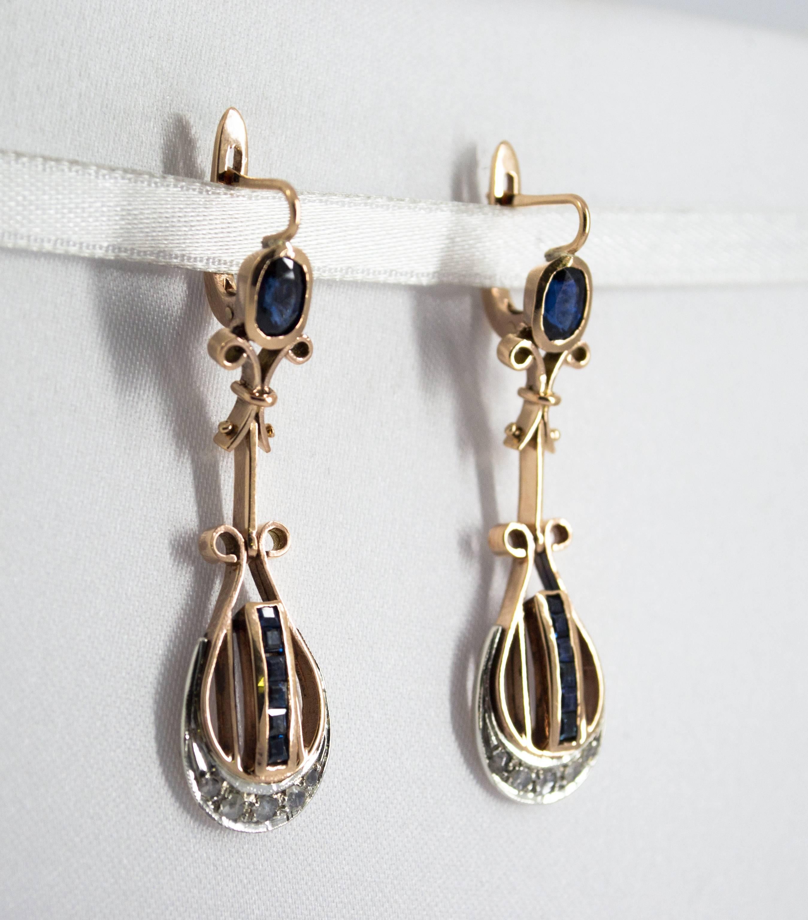 Art Deco 2.10 Carat White Rose Cut Diamond Blue Sapphire Yellow Gold Lever-Back Earrings For Sale