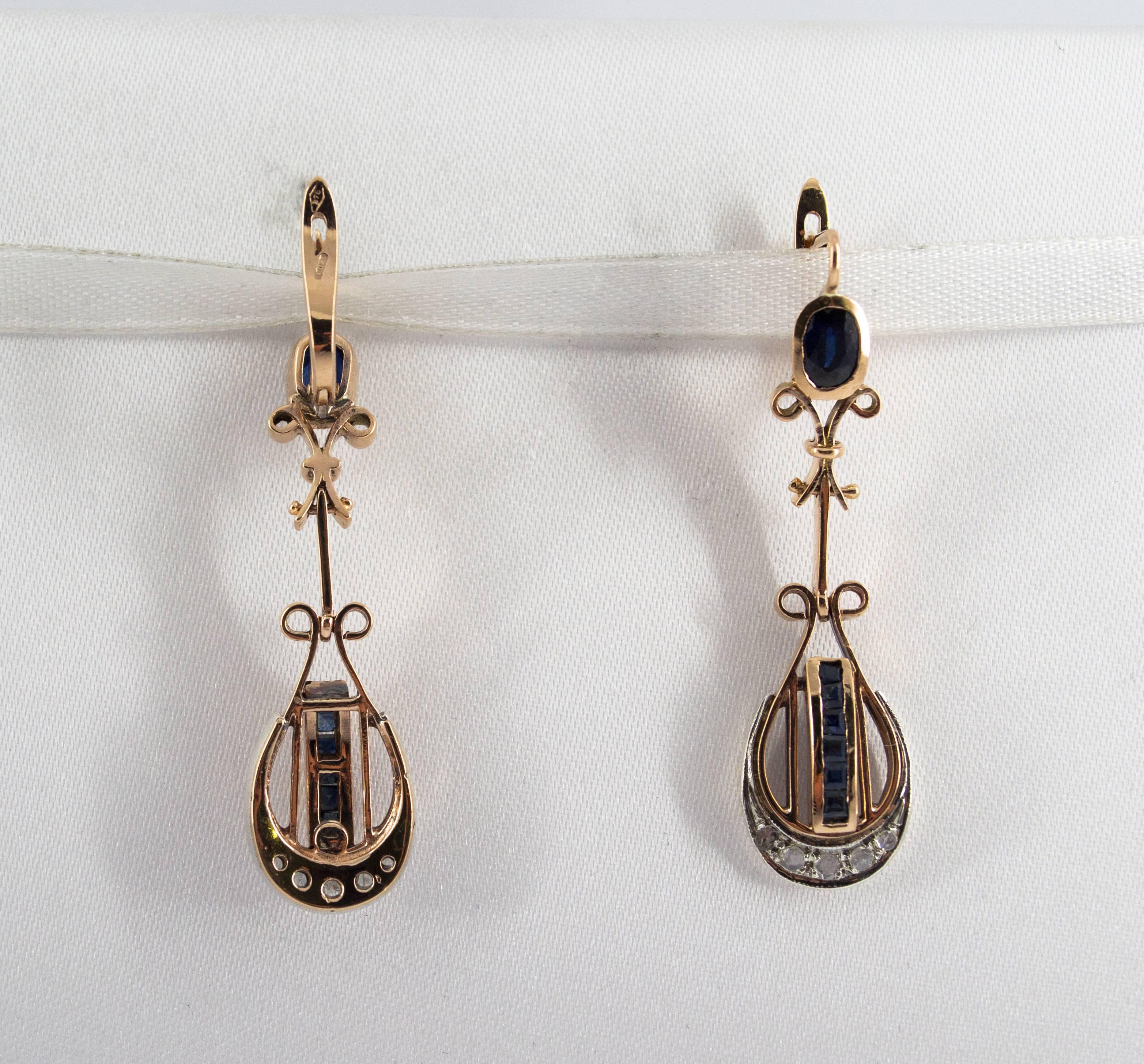 Women's or Men's 2.10 Carat White Rose Cut Diamond Blue Sapphire Yellow Gold Lever-Back Earrings For Sale
