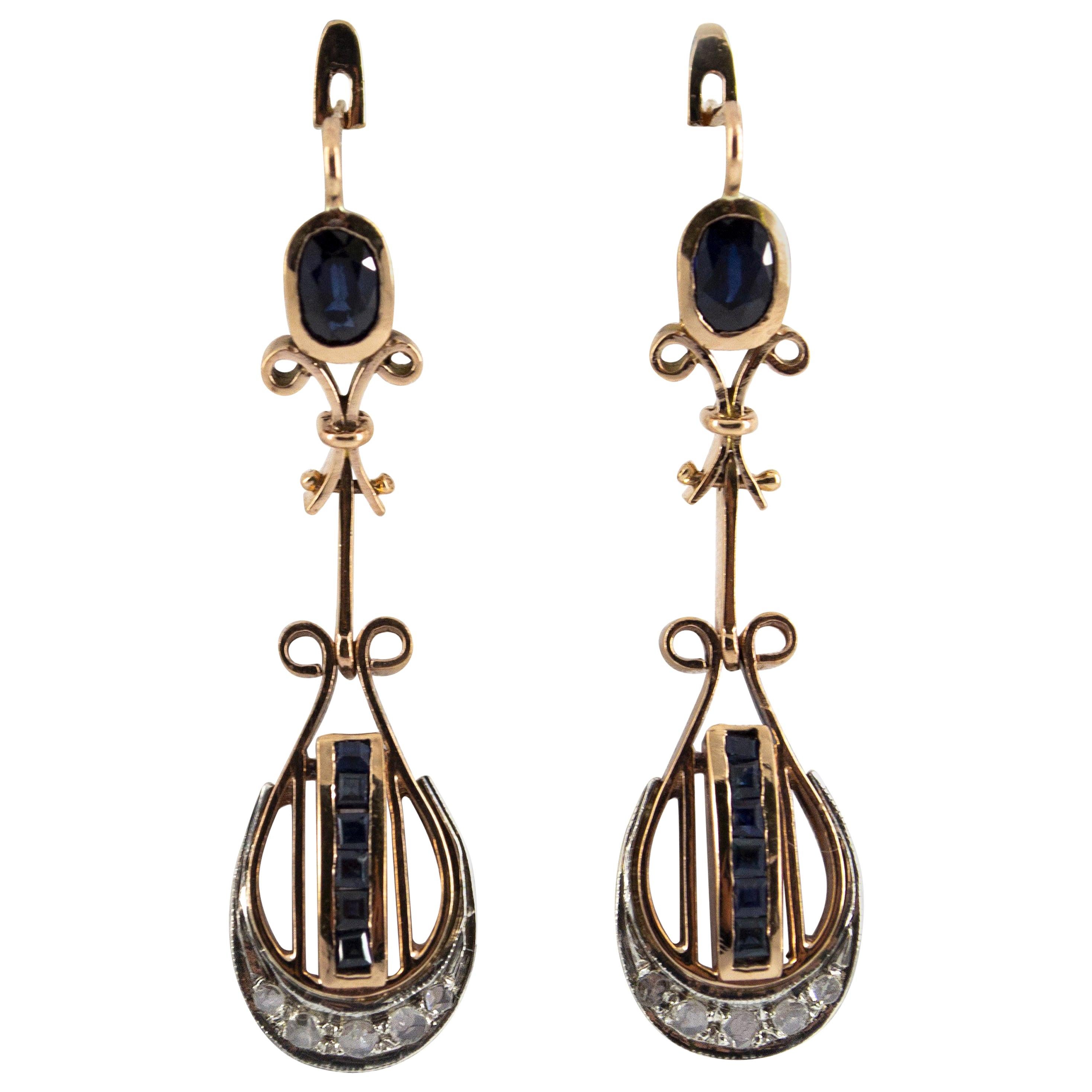 Pendientes de oro amarillo con diamante talla rosa blanco de 2,10 quilates y zafiro azul en venta