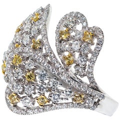 Anillo Corazón Cóctel Flor Diamante Blanco Amarillo 2,10 Quilates Oro 18 Kilates