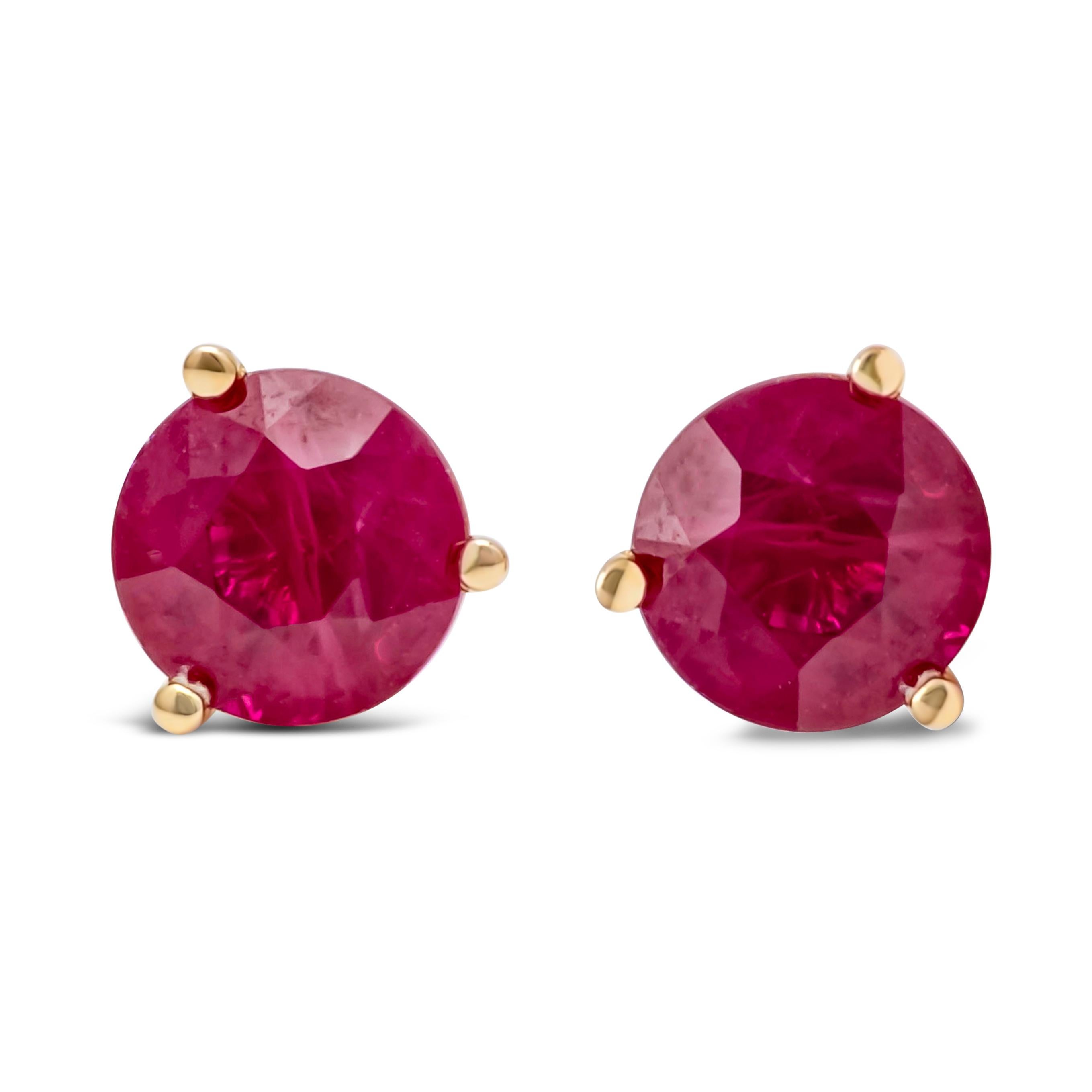 A classic pair of stud earrings showcasing a vibrant red round cut  Burmese rubies weighing 2.10 carats total. Set in a timeless three prong push back setting and Finely made in 18k yellow gold.

Style available in different price ranges. Prices are