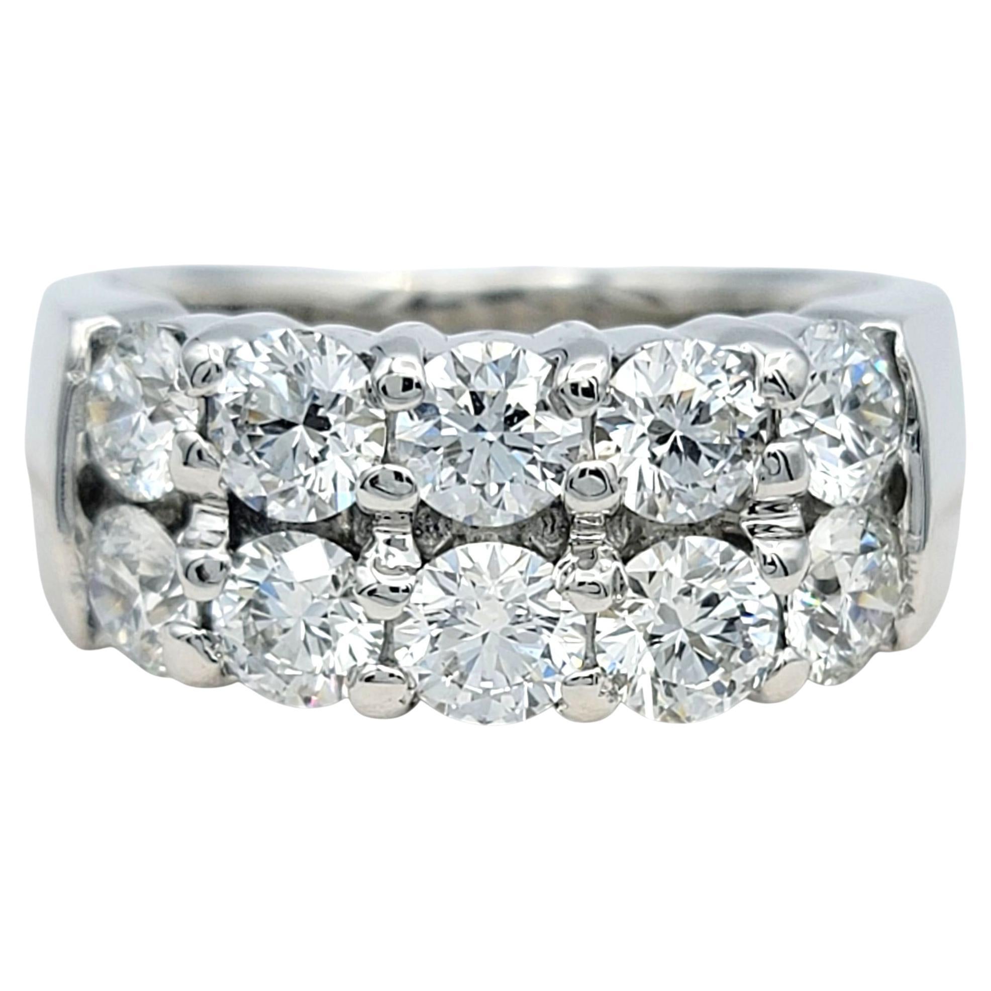 2.10 Carats Total Round Brilliante Diamond Two Row Band Ring 18 Karat White Gold