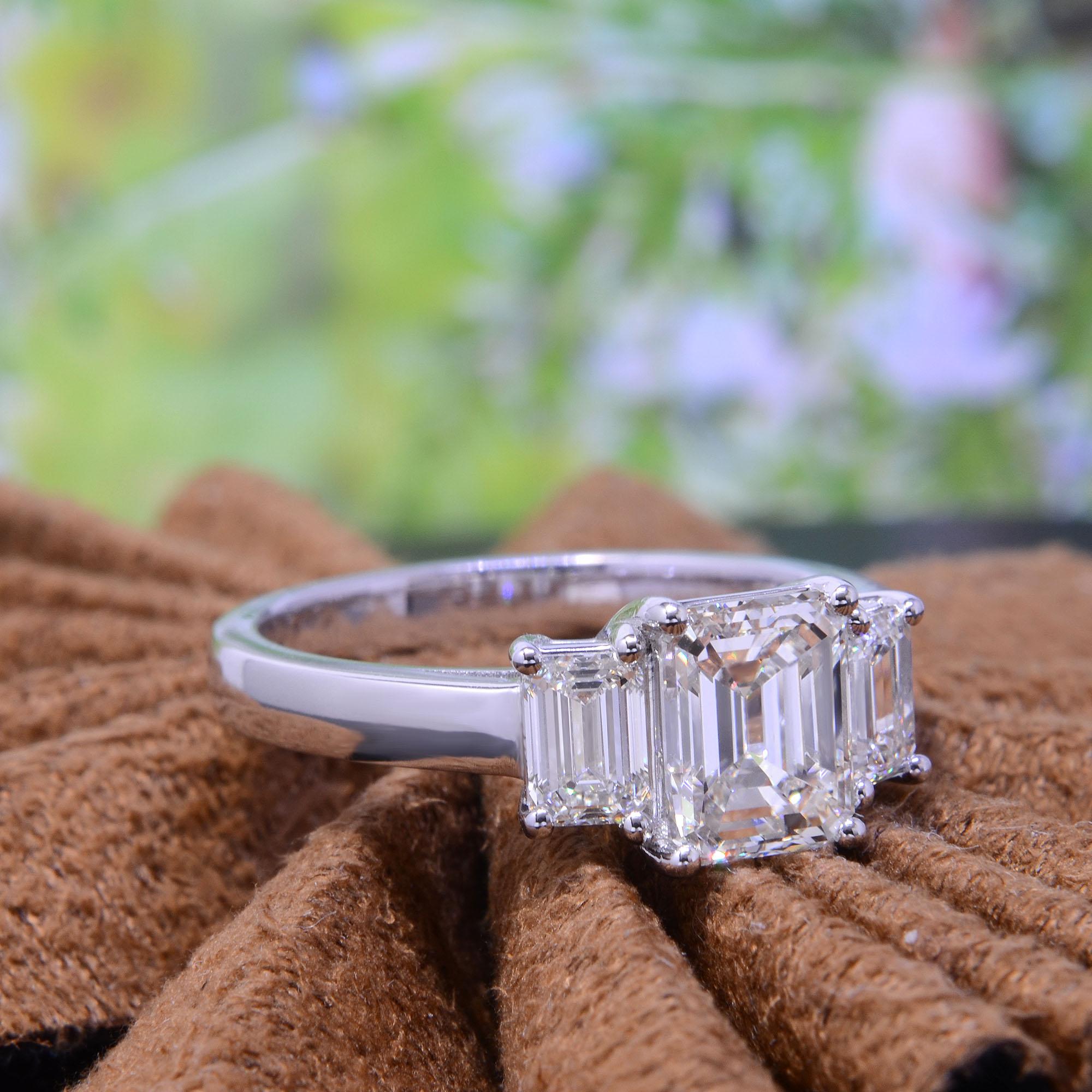 2.10 Ct. 3 Stone Emerald Cut Engagement Ring H Color VVS1 GIA Certified For Sale 1