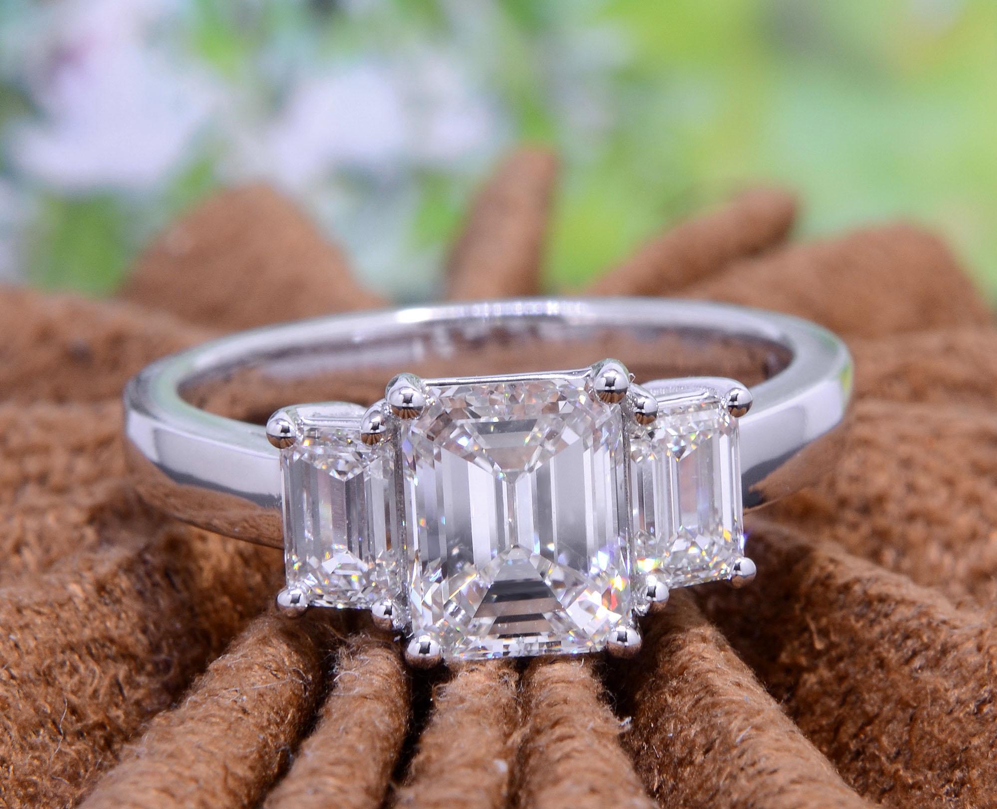 2.10 Ct. 3 Stone Emerald Cut Engagement Ring H Color VVS1 GIA Certified For Sale 2