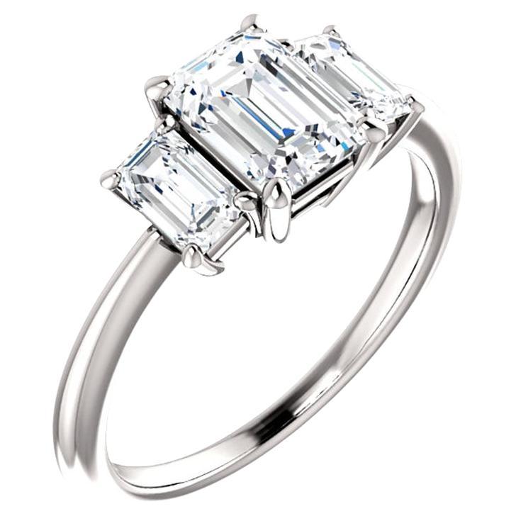 2.10 Ct. 3 Stone Emerald Cut Engagement Ring H Color VVS1 GIA Certified For Sale