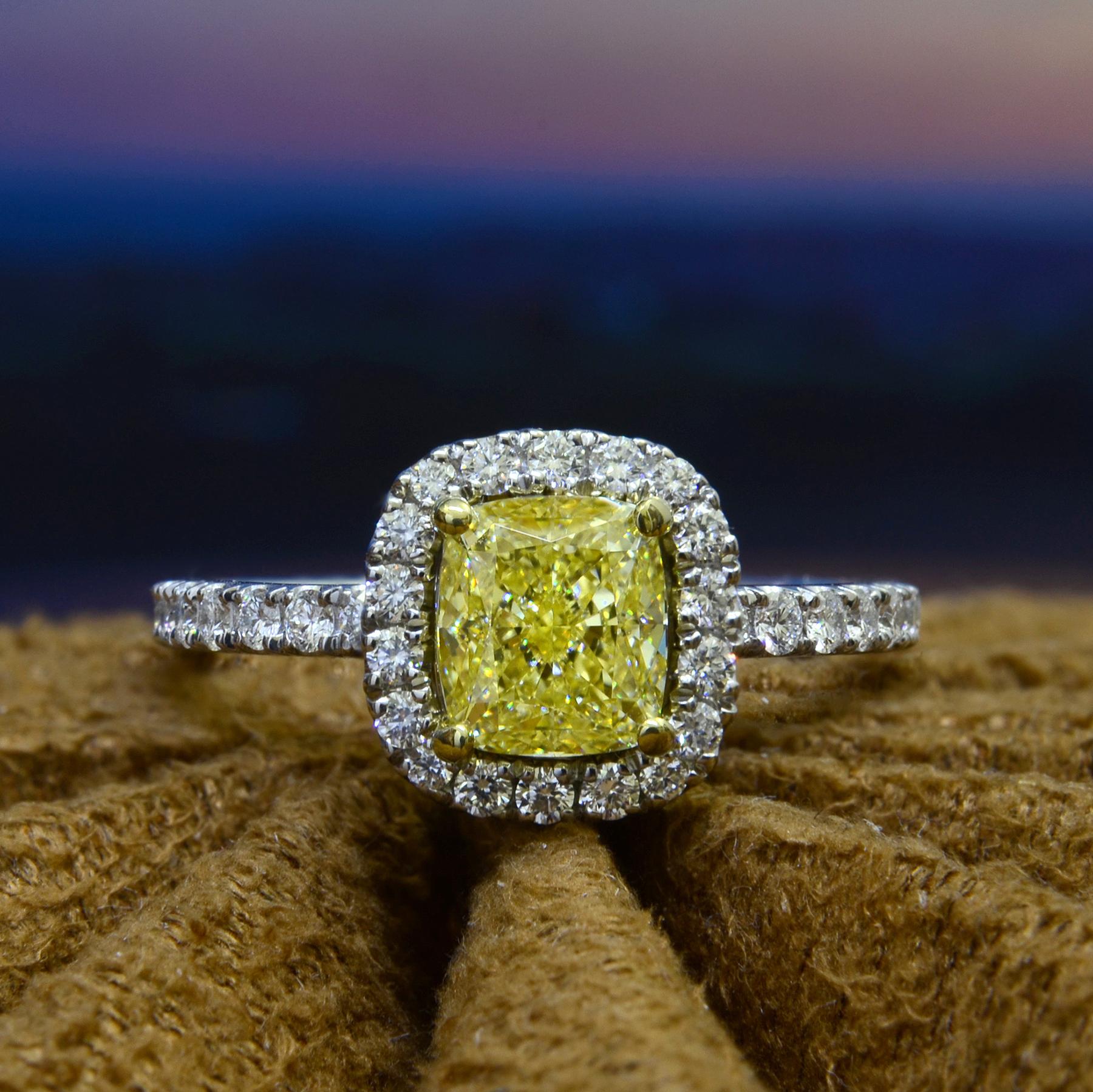Modern 2.10ct. Halo Fancy Light Yellow Canary Cushion Cut with Halo Diamond Ring VS1 For Sale