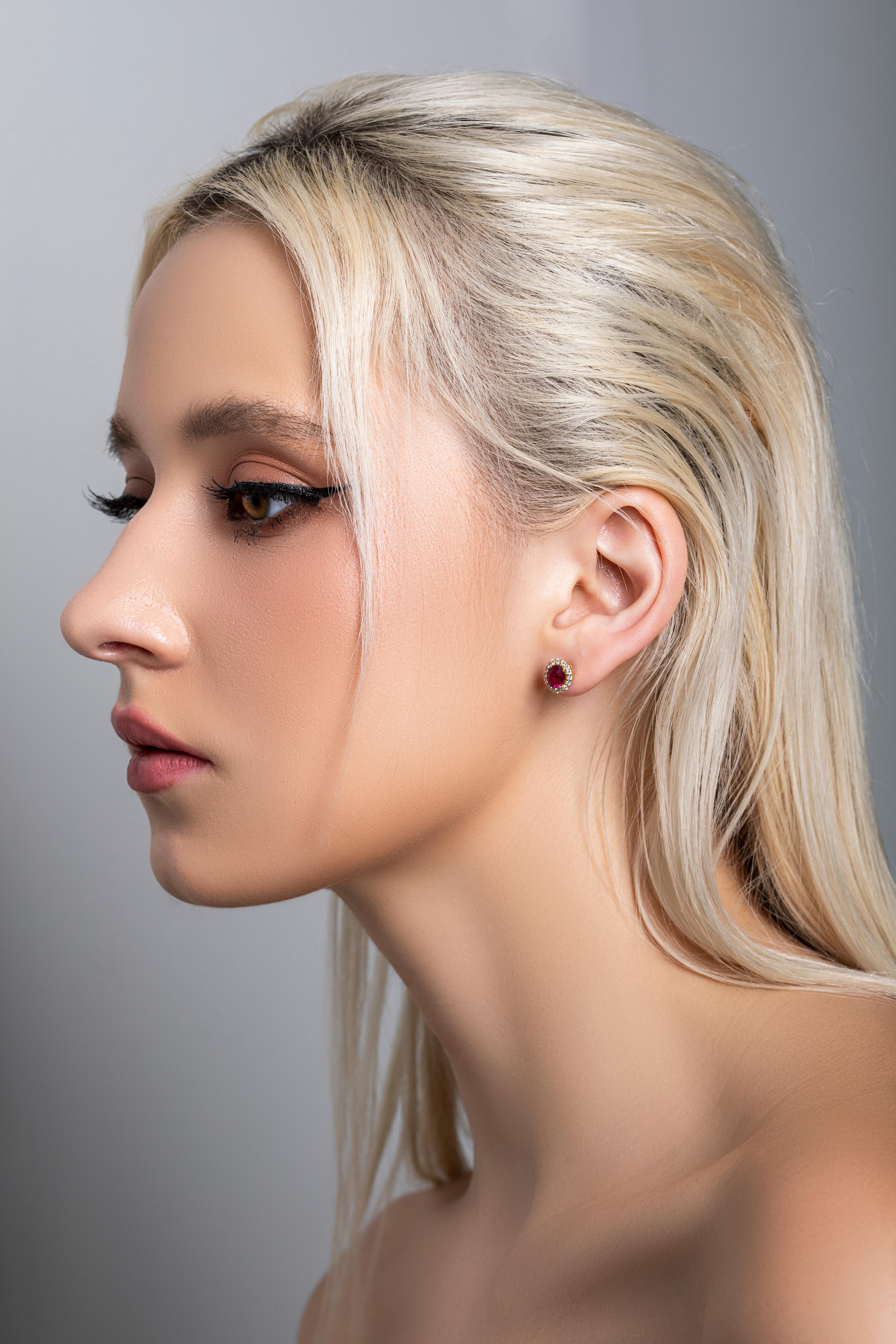 Women's 2.10 Carat Ruby Diamond Flower Halo Screw Back Stud Earrings For Sale