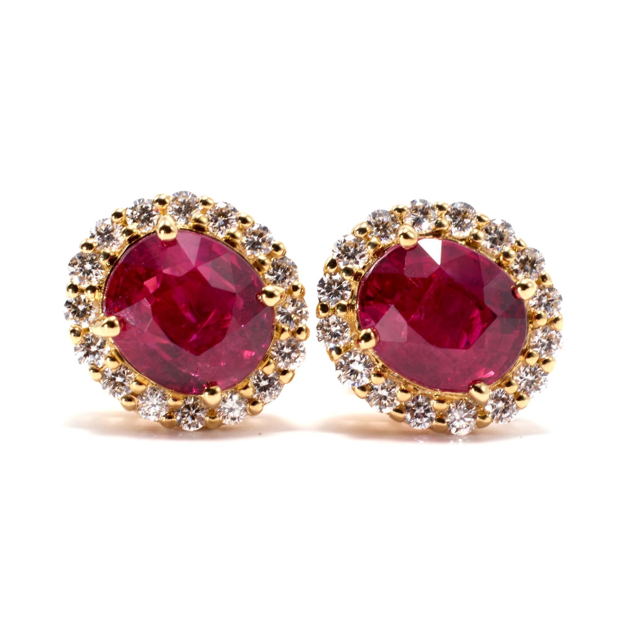 2.10 Carat Ruby Diamond Flower Halo Screw Back Stud Earrings For Sale 3