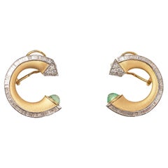 2.10 cts Diamond and 1.99 cts Cabochon Emerald Hoop Earrings in 18K Yellow Gold
