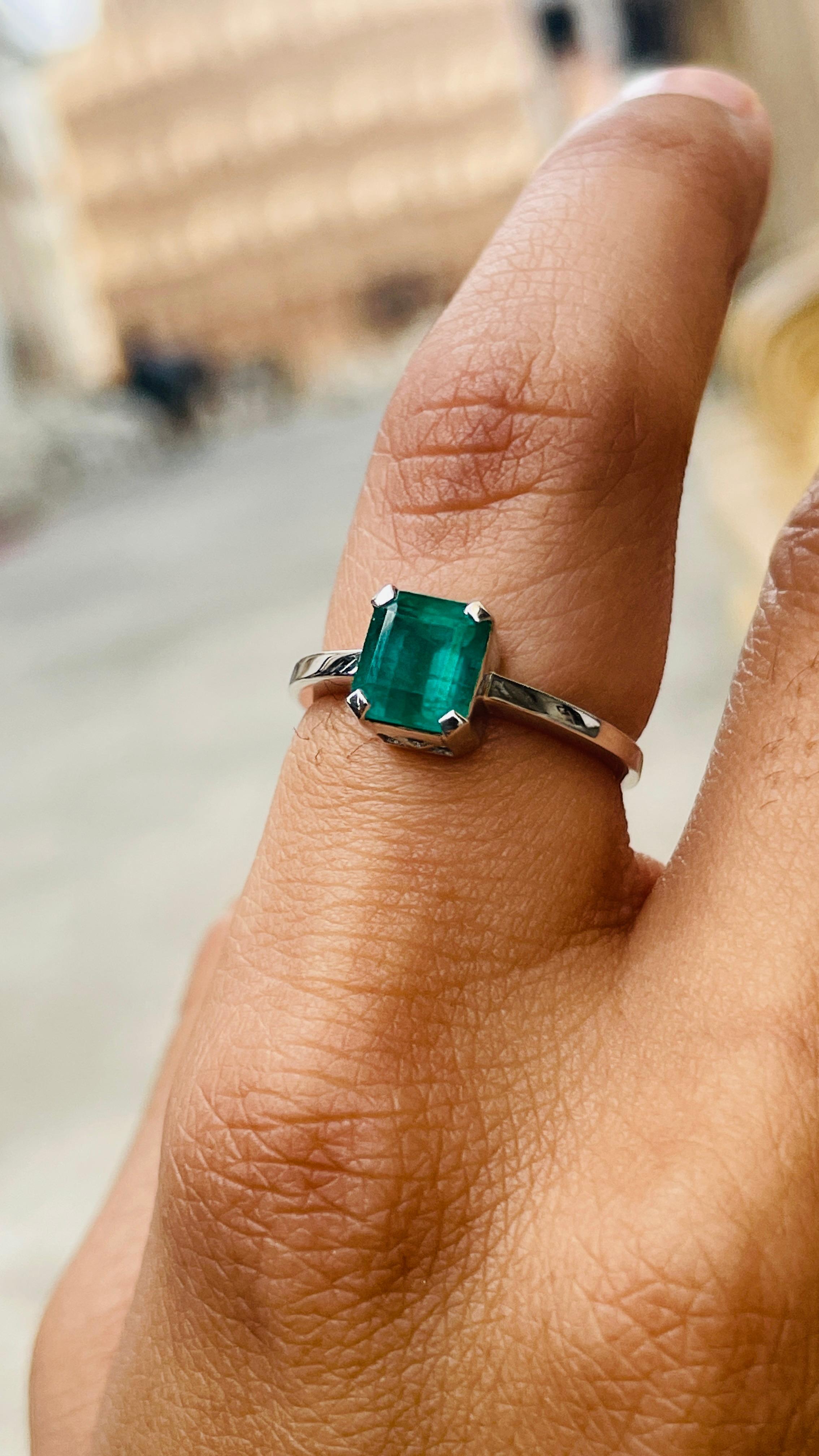 For Sale:  2.10 CTW Natural Octagon Cut Emerald Solitaire Ring in 18k White Gold 10