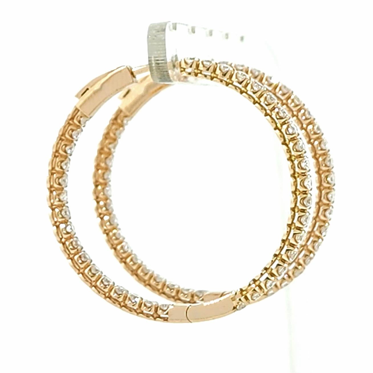 Round Cut 2.10 Total Carat Diamond Hoop Earrings in 18 Karat Rose Gold For Sale