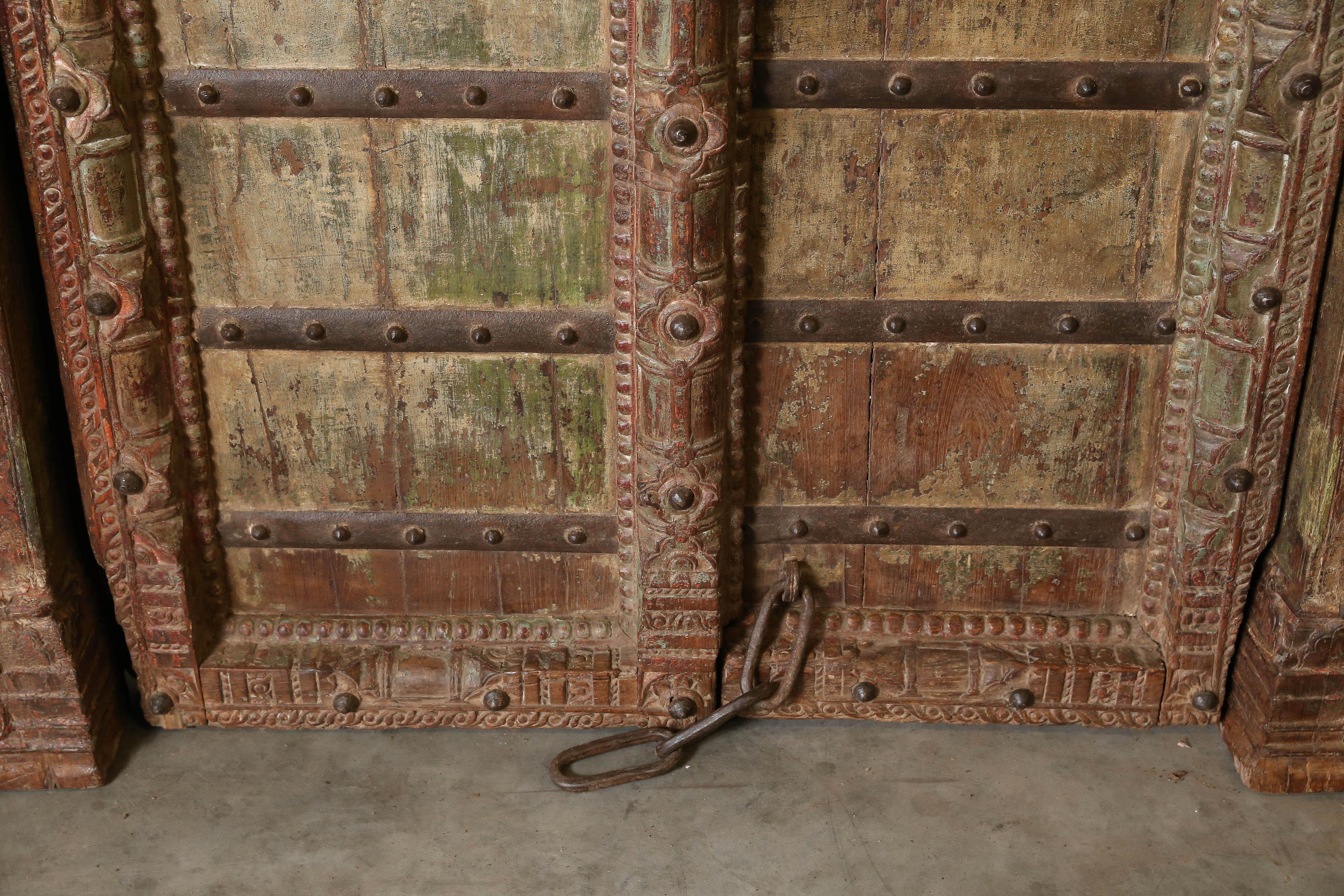 Indian 210 Years Old Heavily Fortified Solid Teak Wood Door from a Village Temple
