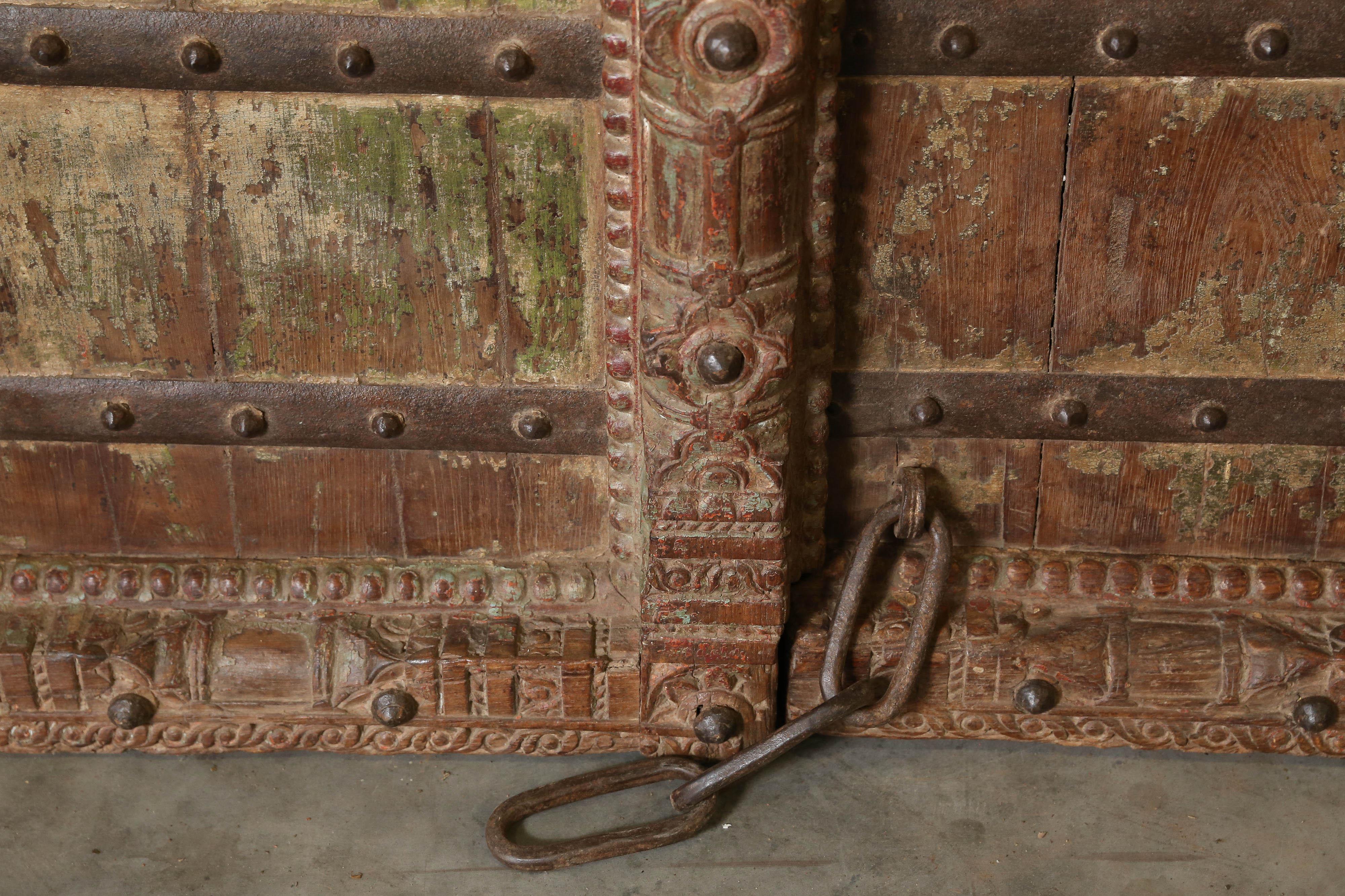 Late 18th Century 210 Years Old Heavily Fortified Solid Teak Wood Door from a Village Temple