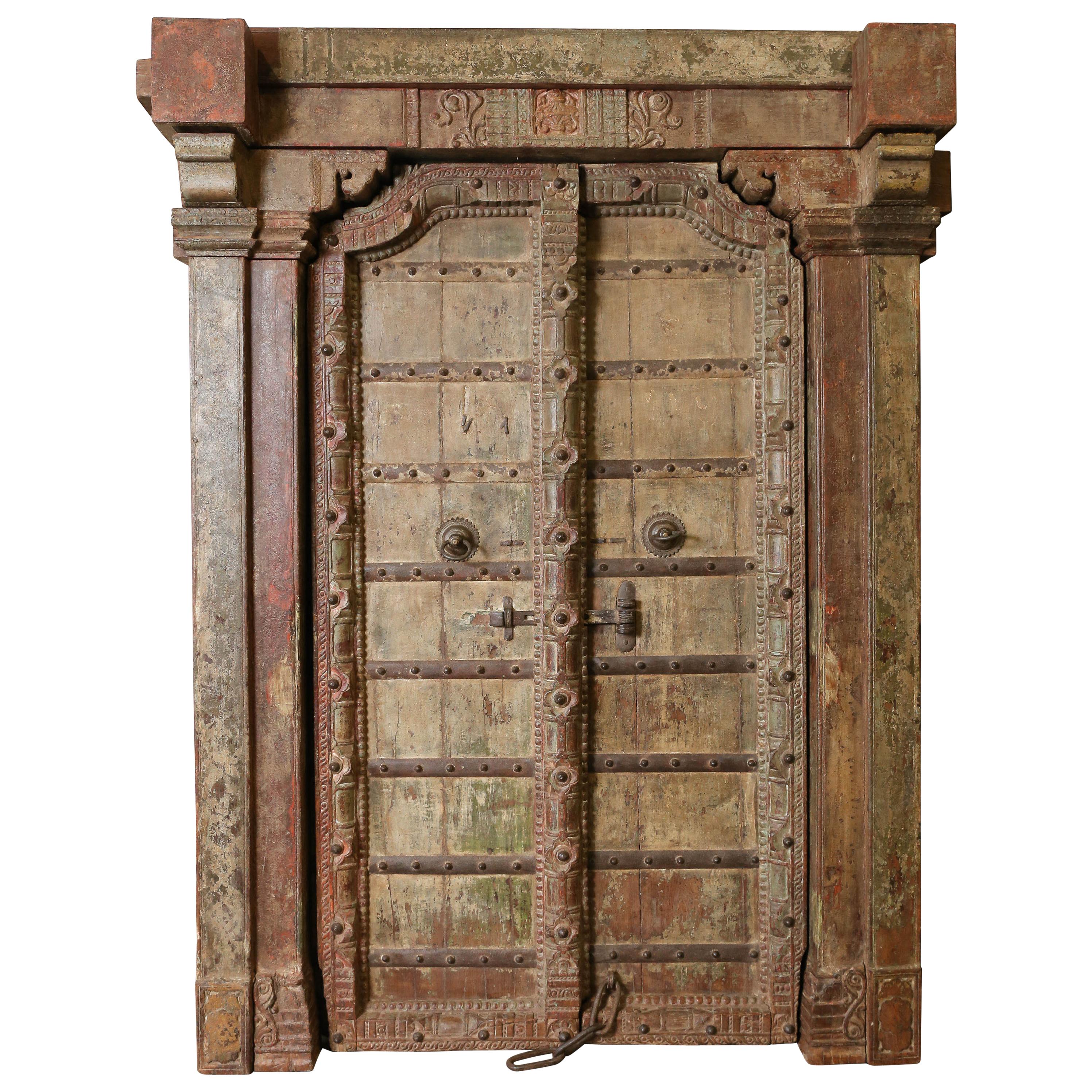 210 Years Old Heavily Fortified Solid Teak Wood Door from a Village Temple