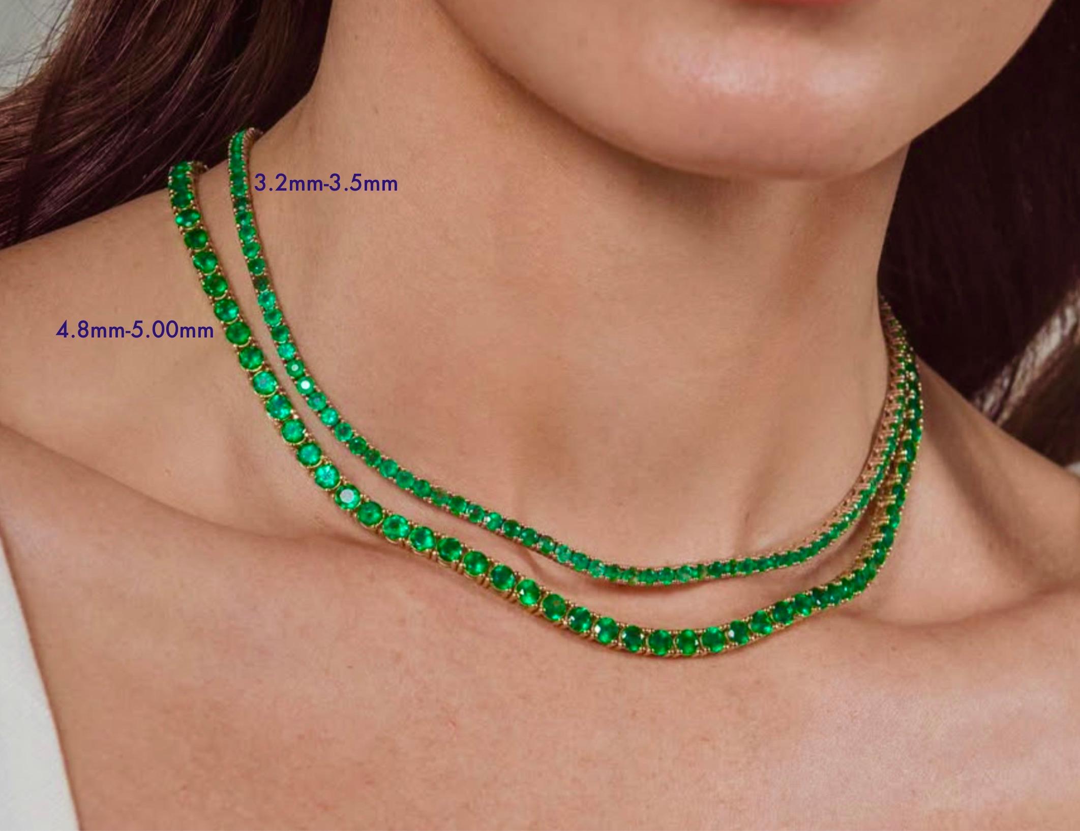 Round Cut 21.00 Carat AAA Colombian Emerald Tennis Necklace 18 Karat Yellow Gold For Sale