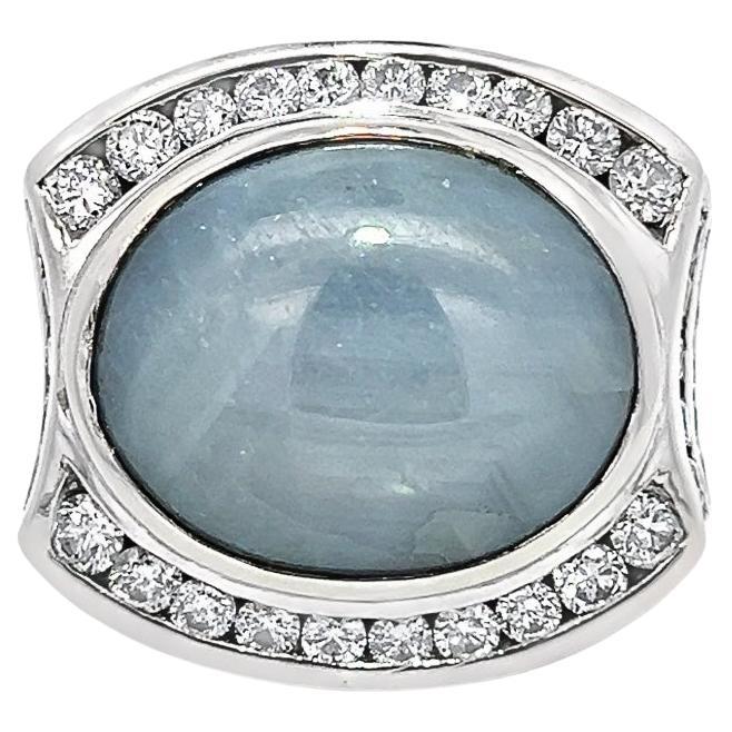21.00CT Star Sapphire/ Diamond Men's Ring set in 14K White Gold For Sale
