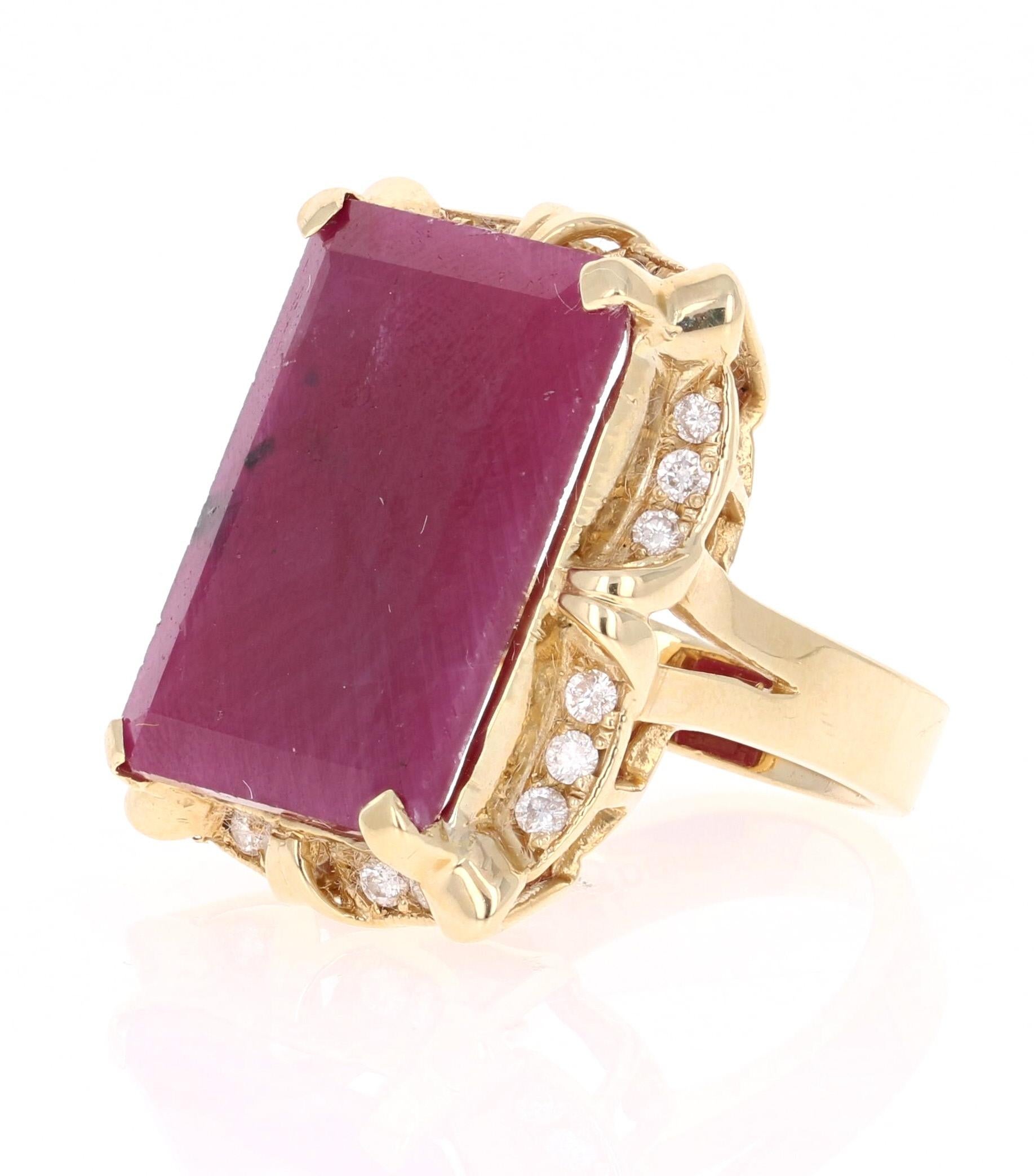 Emerald Cut 21.01 Carat Ruby Diamond Victorian 14 Karat Yellow Gold Ring