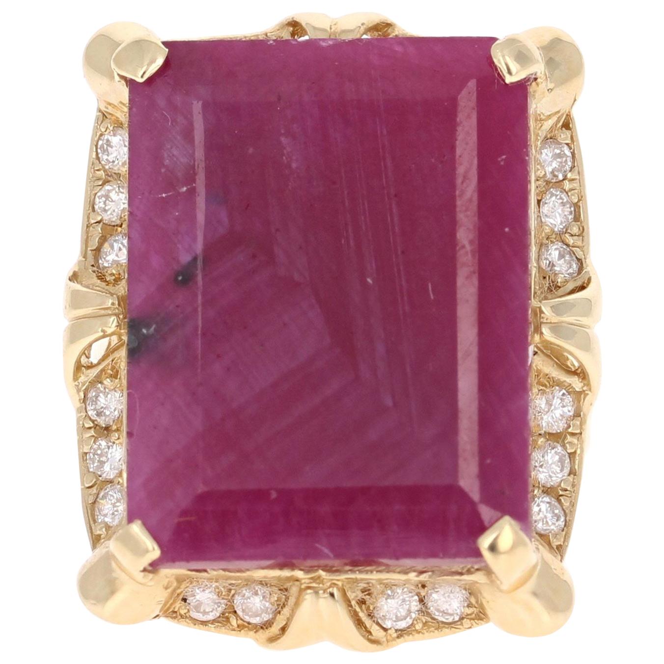 21.01 Carat Ruby Diamond Victorian 14 Karat Yellow Gold Ring