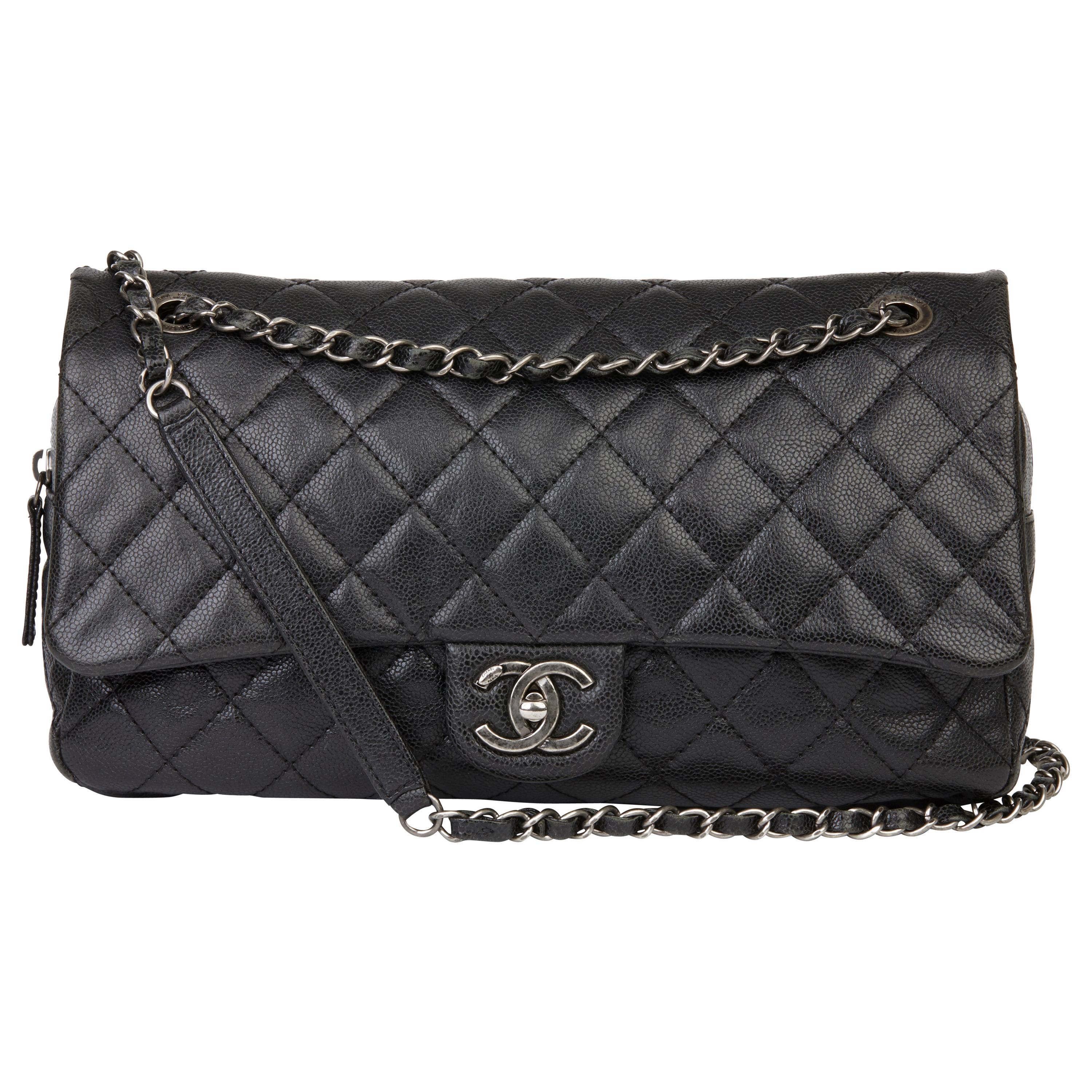 21012 Chanel Black Quilted Caviar Leather Jumbo Easy Carry Flap Bag