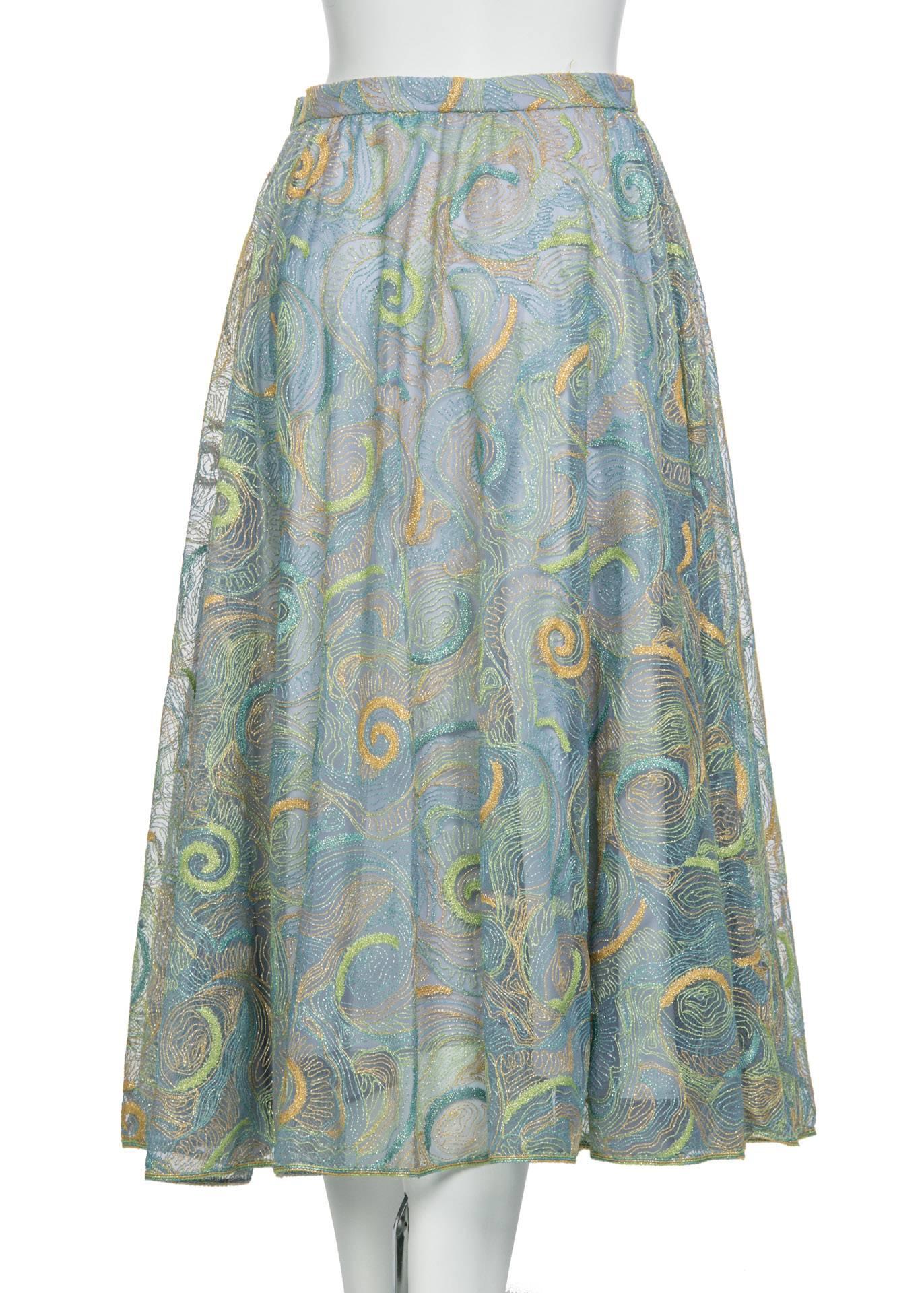 Gray 2102 Rodarte Van Gogh Multi-Colored Metallic Embroidered Tulle Circle Skirt For Sale