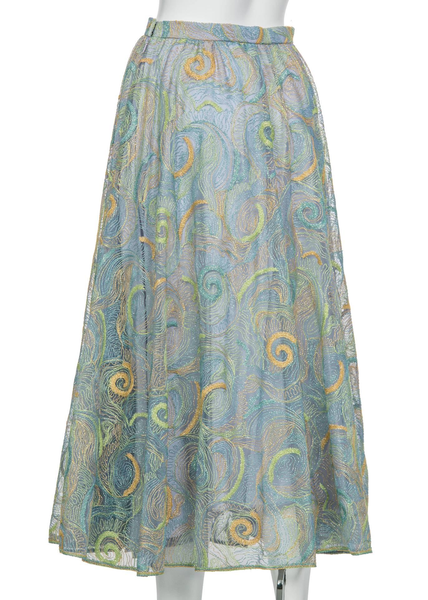 2102 Rodarte Van Gogh Multi-Colored Metallic Embroidered Tulle Circle Skirt In Excellent Condition For Sale In Boca Raton, FL