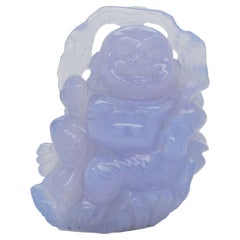 Halskette mit handgeschnitztem Buddha-Schnitz-Anhänger 210,27 Karat blauem Chalcedon