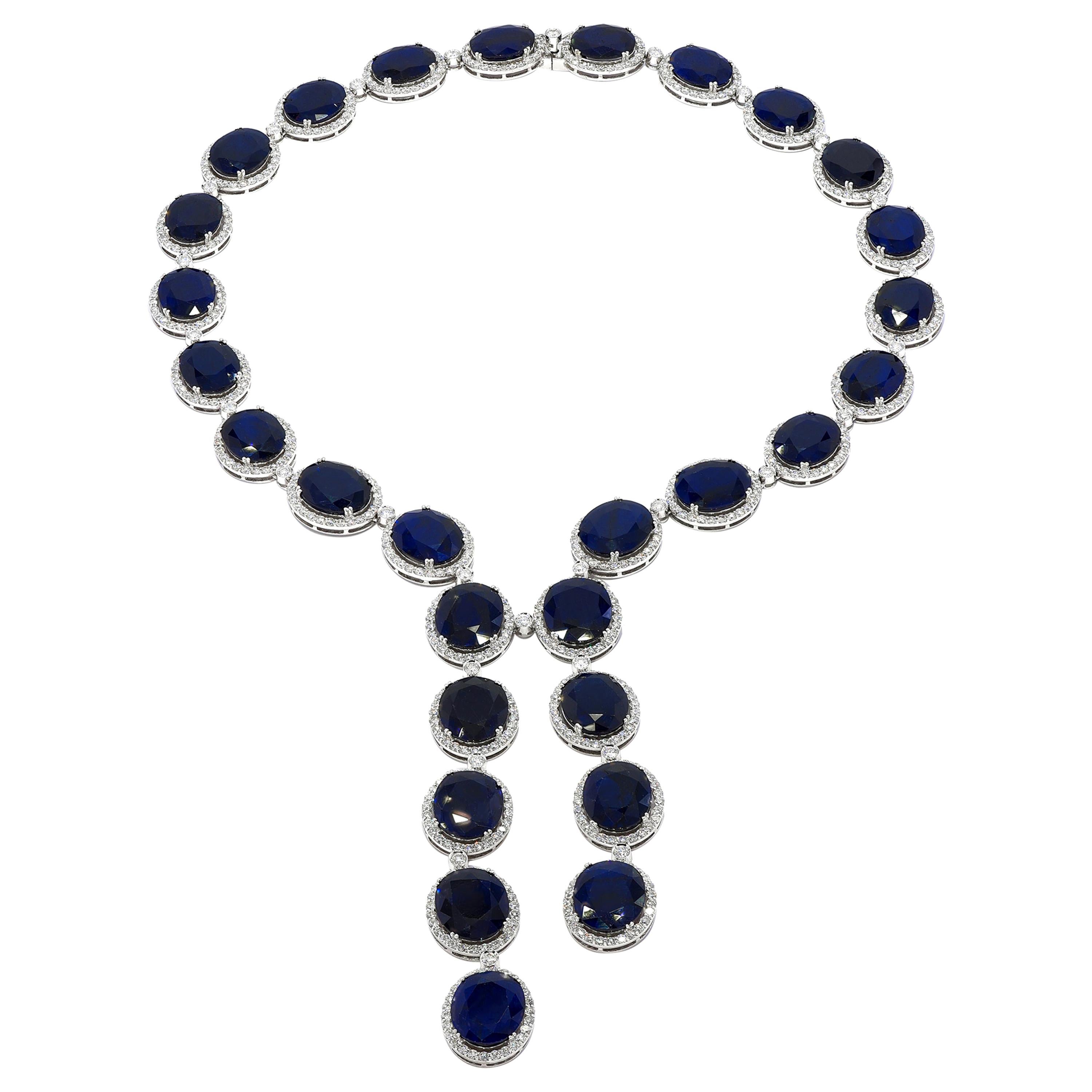 18 Karat White Gold Necklace 210.54ct Sapphires, 17.01ct Diamonds For Sale