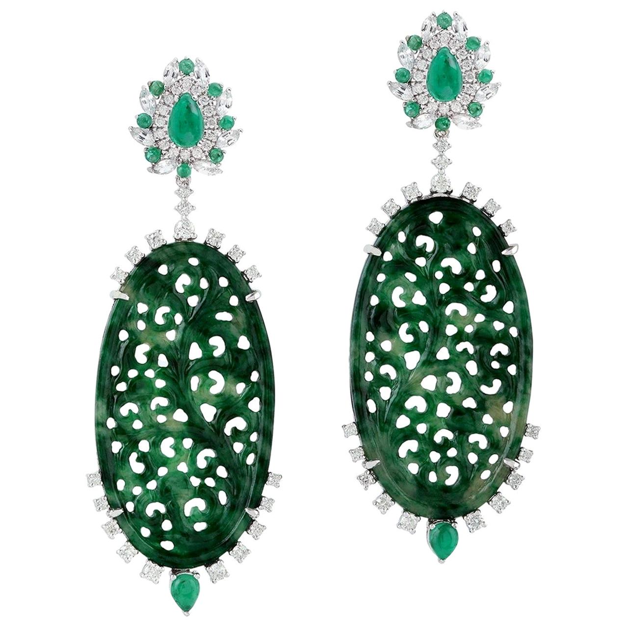 21.06 Carat Carved Jade Emerald 18 Karat Gold Diamond Earrings For Sale