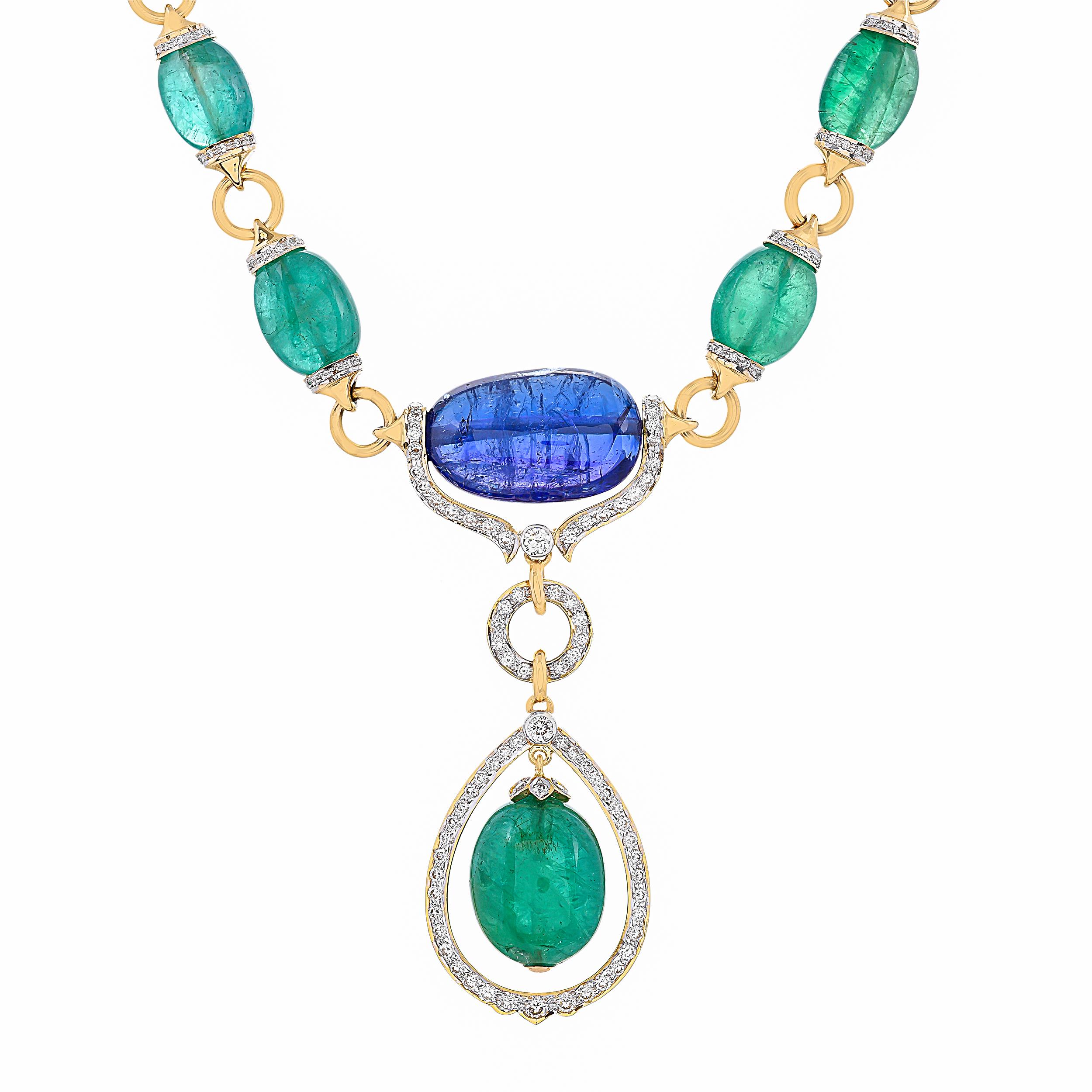 A fine definition of luxury and class, that's Benazeer for you. The limited edition necklace is in making with the breathtaking 21.07 carats Zambian Emerald tumble and stunning Tanzanite weighing approximately 30.63 carats surrounded with diamonds