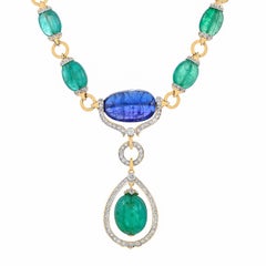 21.07 Carats Zambian Emerald Tanzanite and Diamond 18kt Gold Drop Necklace