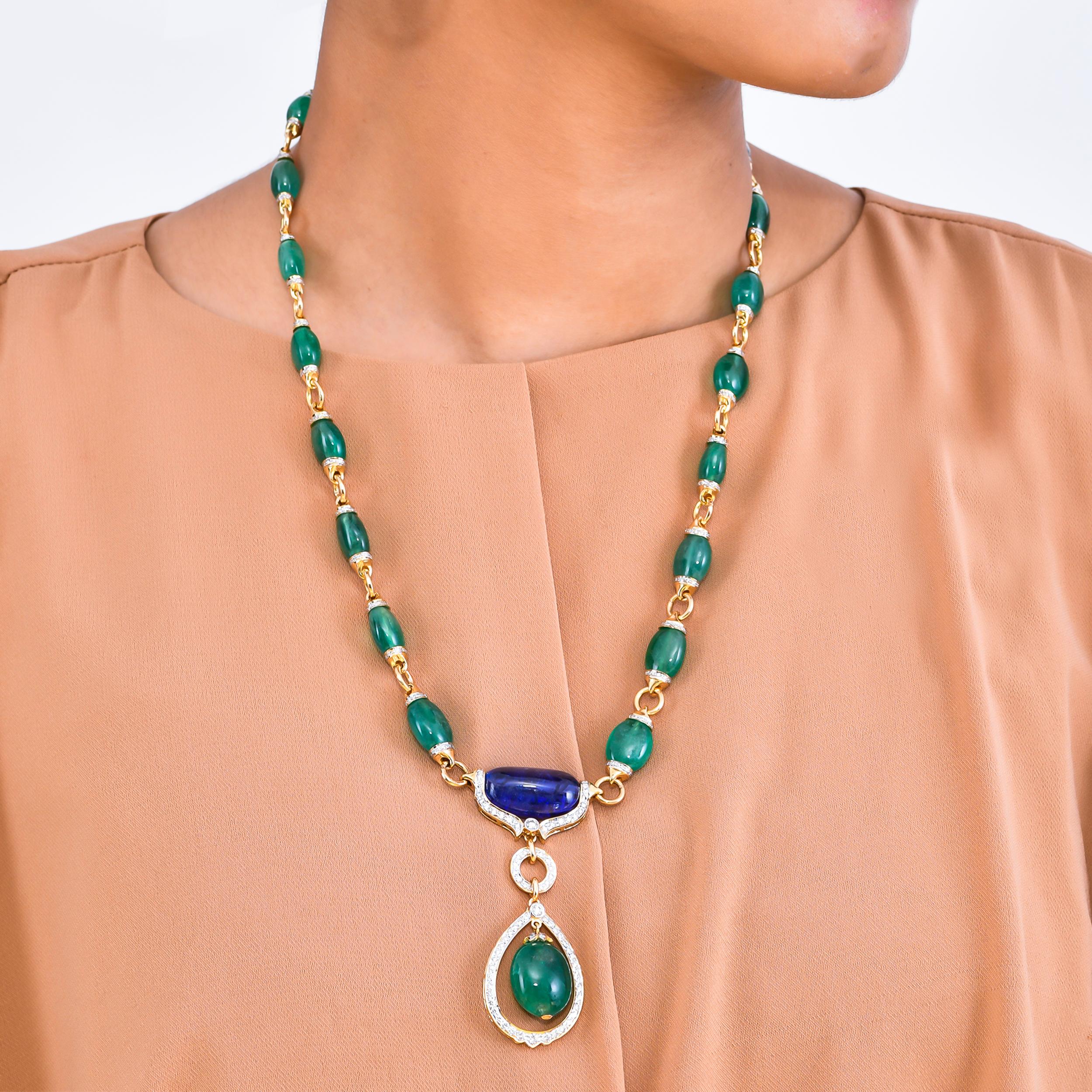 Modern 21.07 Carats Zambian Emerald Tanzanite and Diamond 18kt Gold Drop Necklace For Sale