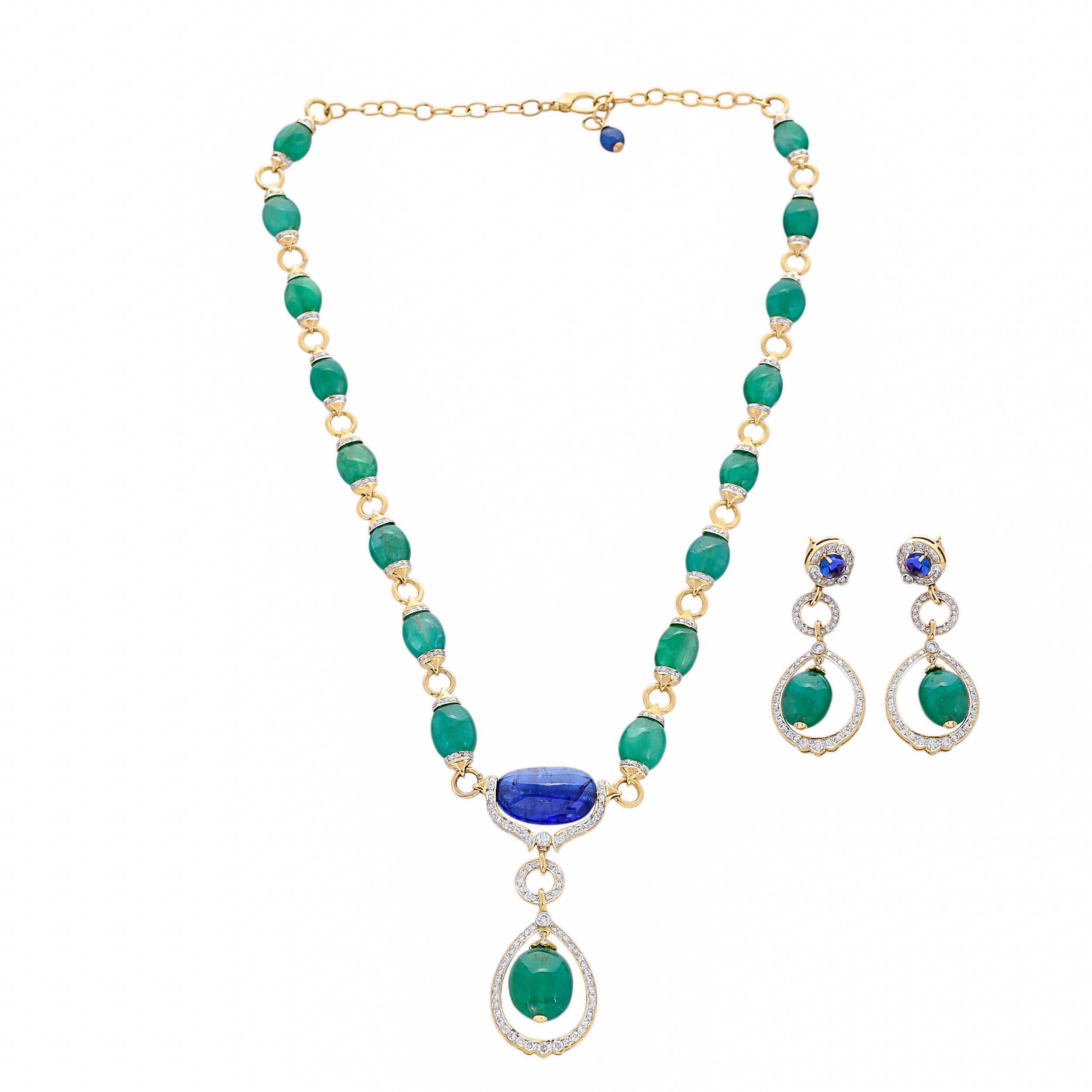 Cabochon 21.07 Carats Zambian Emerald Tanzanite and Diamond 18kt Gold Drop Necklace For Sale