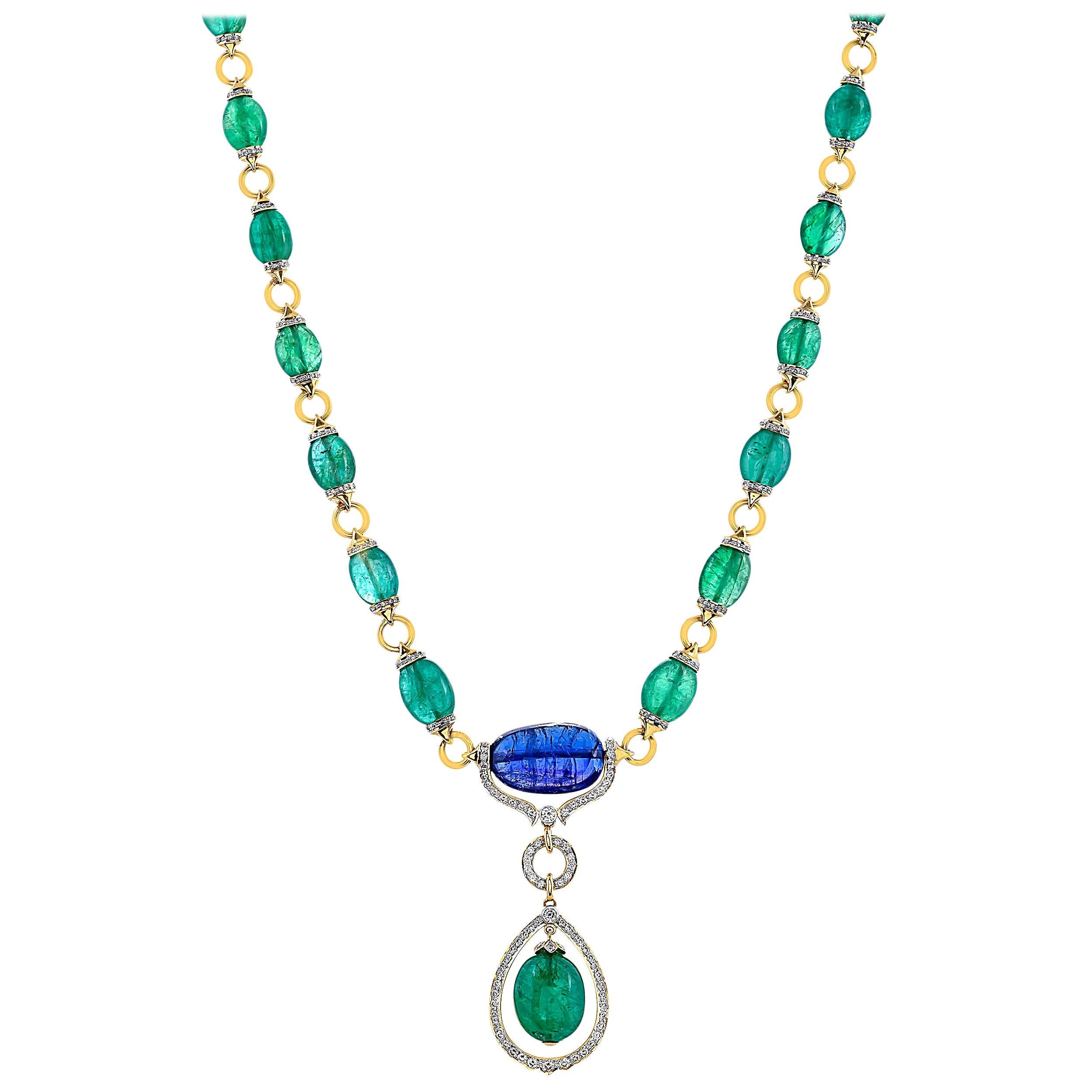 21.07 Carats Zambian Emerald Tanzanite and Diamond 18kt Gold Drop Necklace For Sale