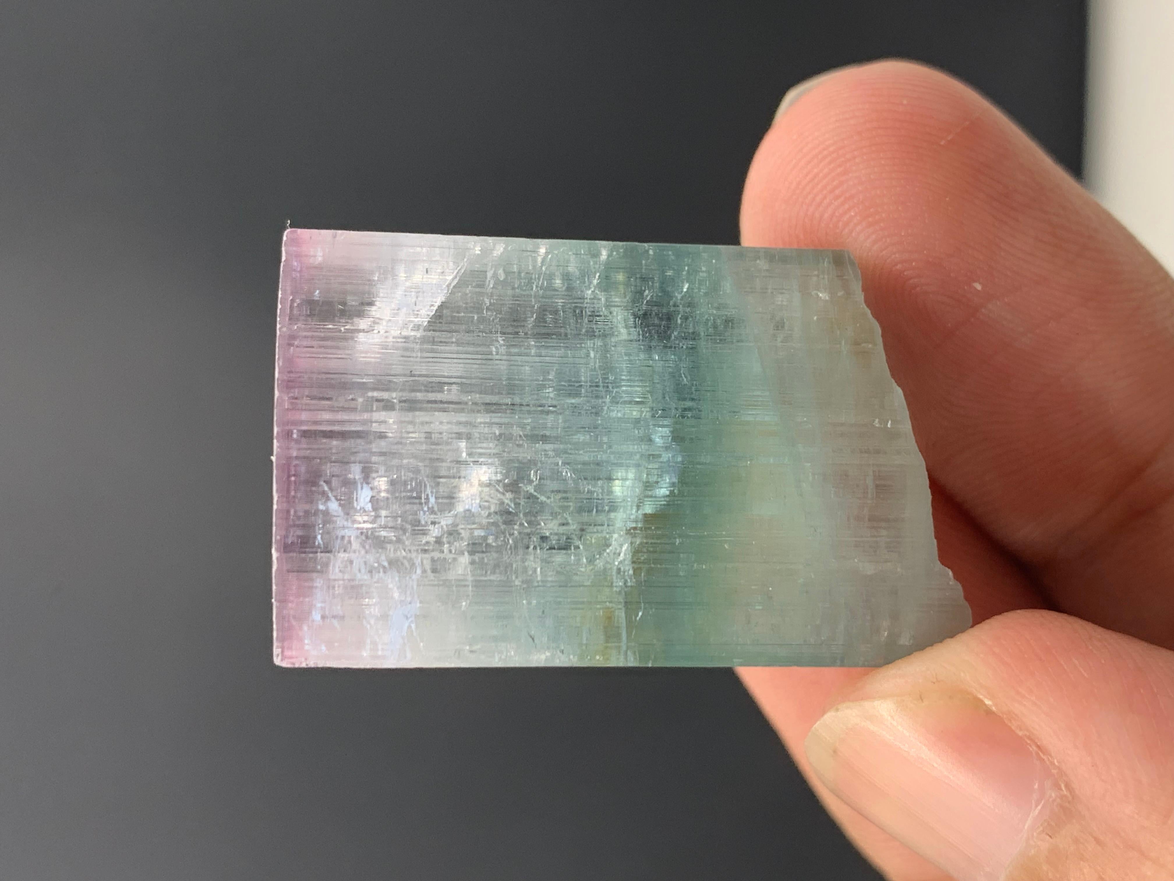 21.07 Gram Eye Catching Tri Color Tourmaline Crystal From Kunar, Afghanistan 

Weight: 21.07 Gram 
Dimension : 3 x 2 x 1.4 Cm
Origin: Kunar, Afghanistan 
Color: Pink, White and Seafoam 

Tourmaline is a crystalline silicate mineral group in which