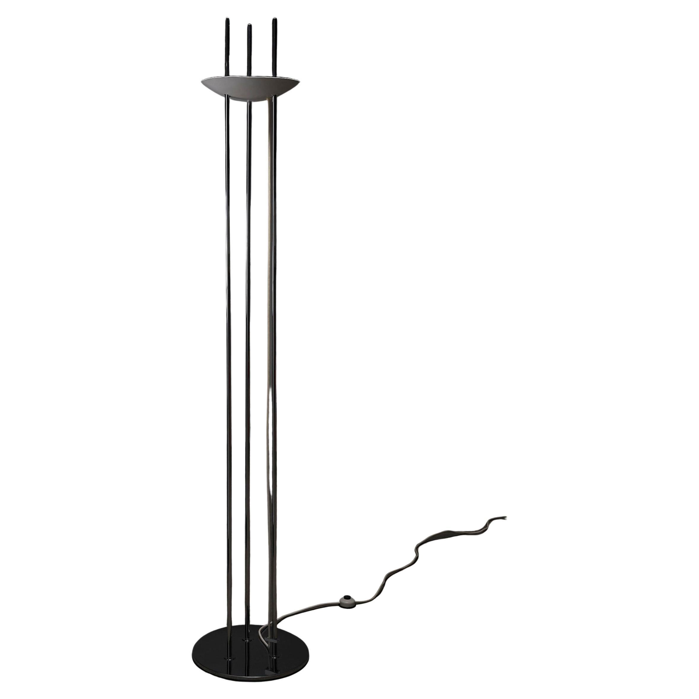 210cm Minimalist "Three Rod" Chrome Floor Lamp with White Bowl Shade, 1980 For Sale