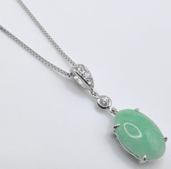 2.10ct Apple Green Oval Cabochon Jadeite Jade Diamond Pendant in 18K White Gold