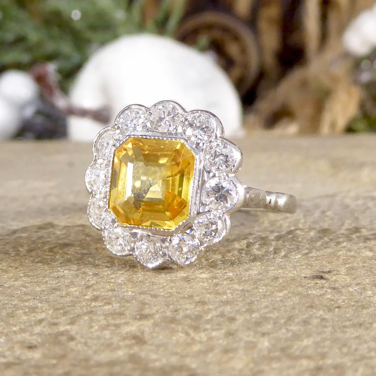 2.10ct Asscher Cut Yellow Sapphire and 0.90ct Diamond Cluster Ring in 18ct White In Excellent Condition For Sale In Yorkshire, West Yorkshire