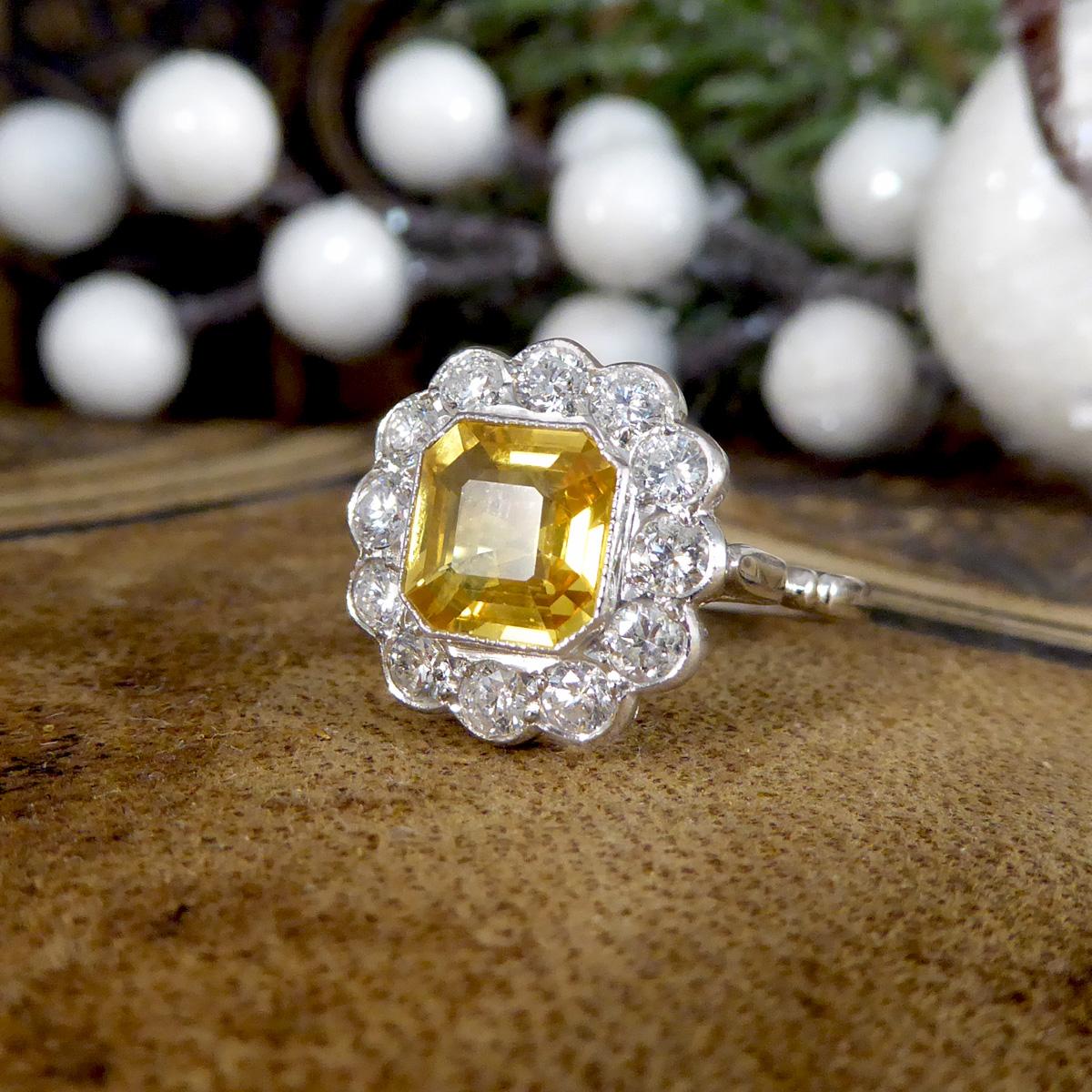 2.10ct Asscher Cut Yellow Sapphire and 0.90ct Diamond Cluster Ring in 18ct White Pour femmes en vente
