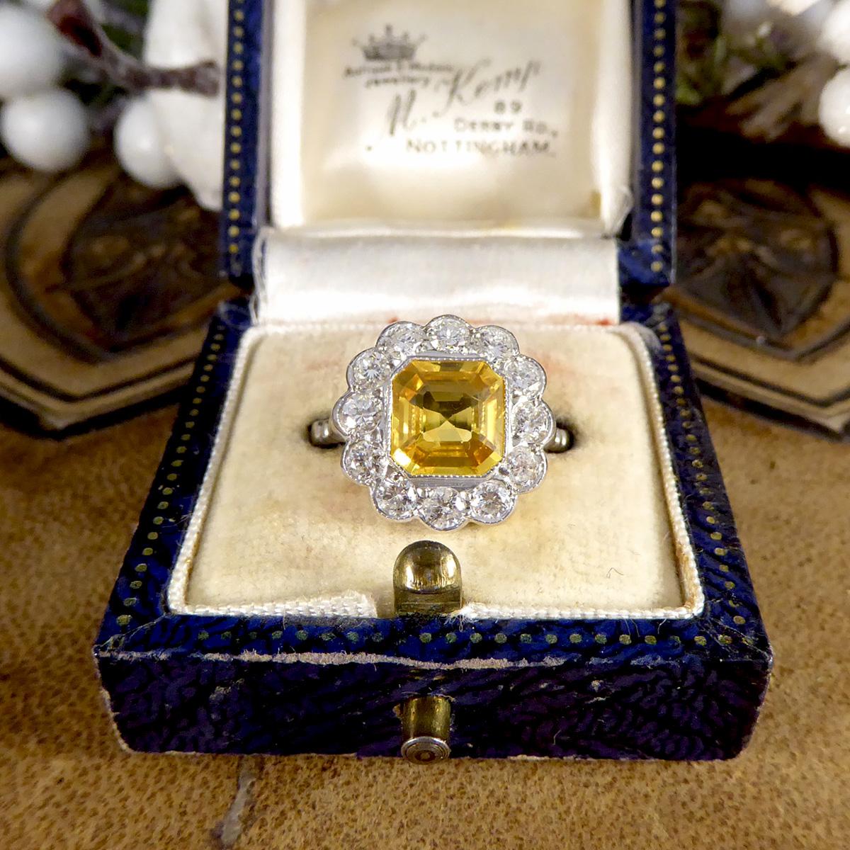 2.10ct Asscher Cut Yellow Sapphire and 0.90ct Diamond Cluster Ring in 18ct White For Sale 2