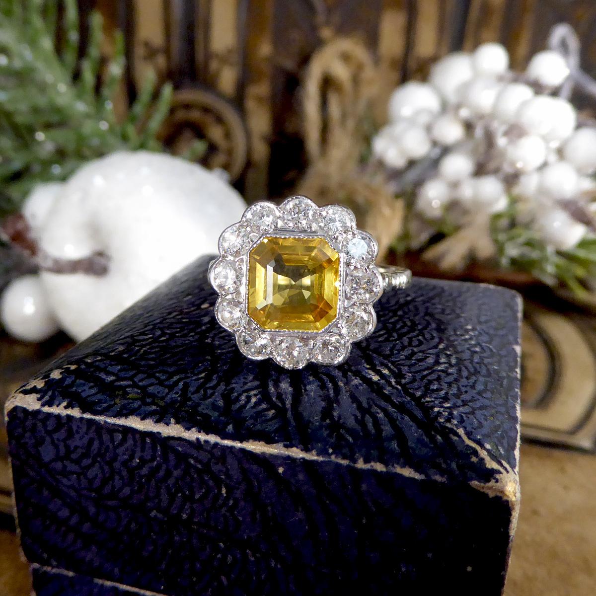 2.10ct Asscher Cut Yellow Sapphire and 0.90ct Diamond Cluster Ring in 18ct White en vente 2