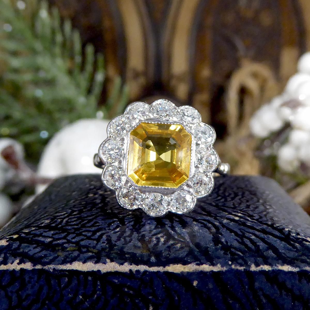 2.10ct Asscher Cut Yellow Sapphire and 0.90ct Diamond Cluster Ring in 18ct White en vente 3