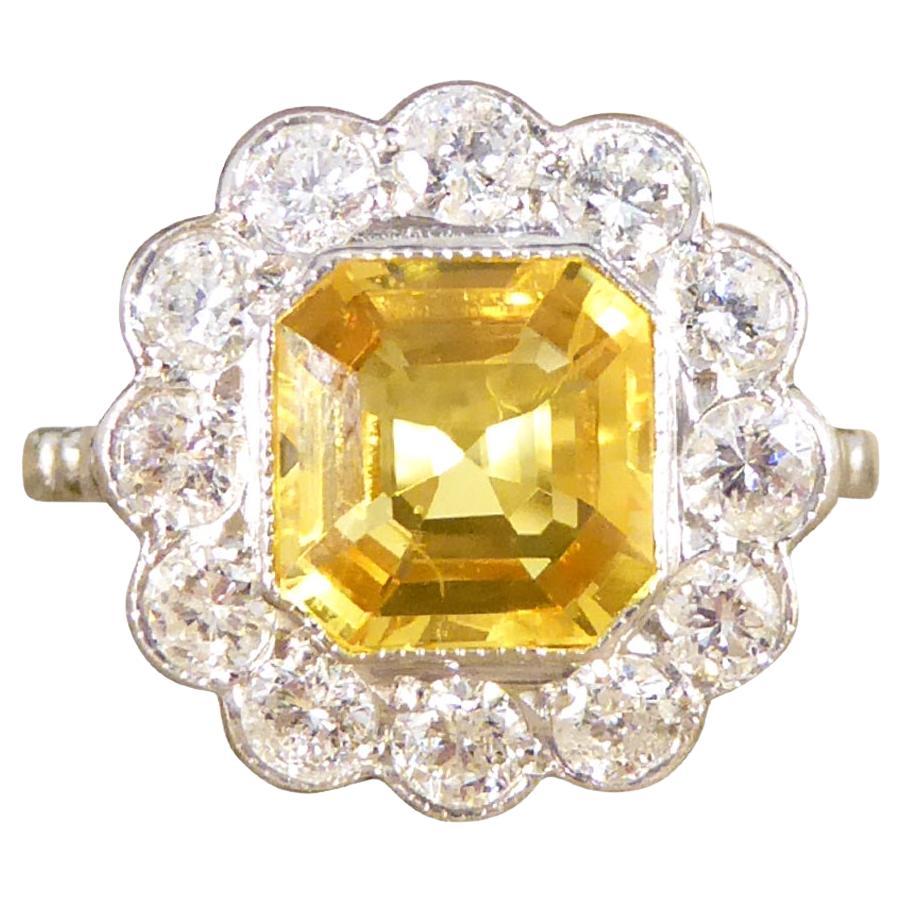 2.10ct Asscher Cut Yellow Sapphire and 0.90ct Diamond Cluster Ring in 18ct White For Sale